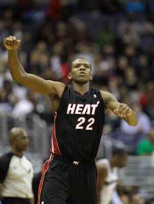 WASHINGTON, DC - MARCH 30:  James Jones #22 of the Miami Heat celebrates after making a shot against the Washington Wizards at the Verizon Center on March 30, 2011 in Washington, DC. NOTE TO USER: User expressly acknowledges and agrees that, by downloadin