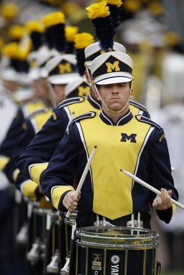 ANN ARBOR, MI - SEPTEMBER 27:  The Michigan Wolverines marching band performs during the game against the Wisconsin Badgers on September 27, 2008 at Michigan Stadium in Ann Arbor, Michigan. (Photo by Gregory Shamus/Getty Images)