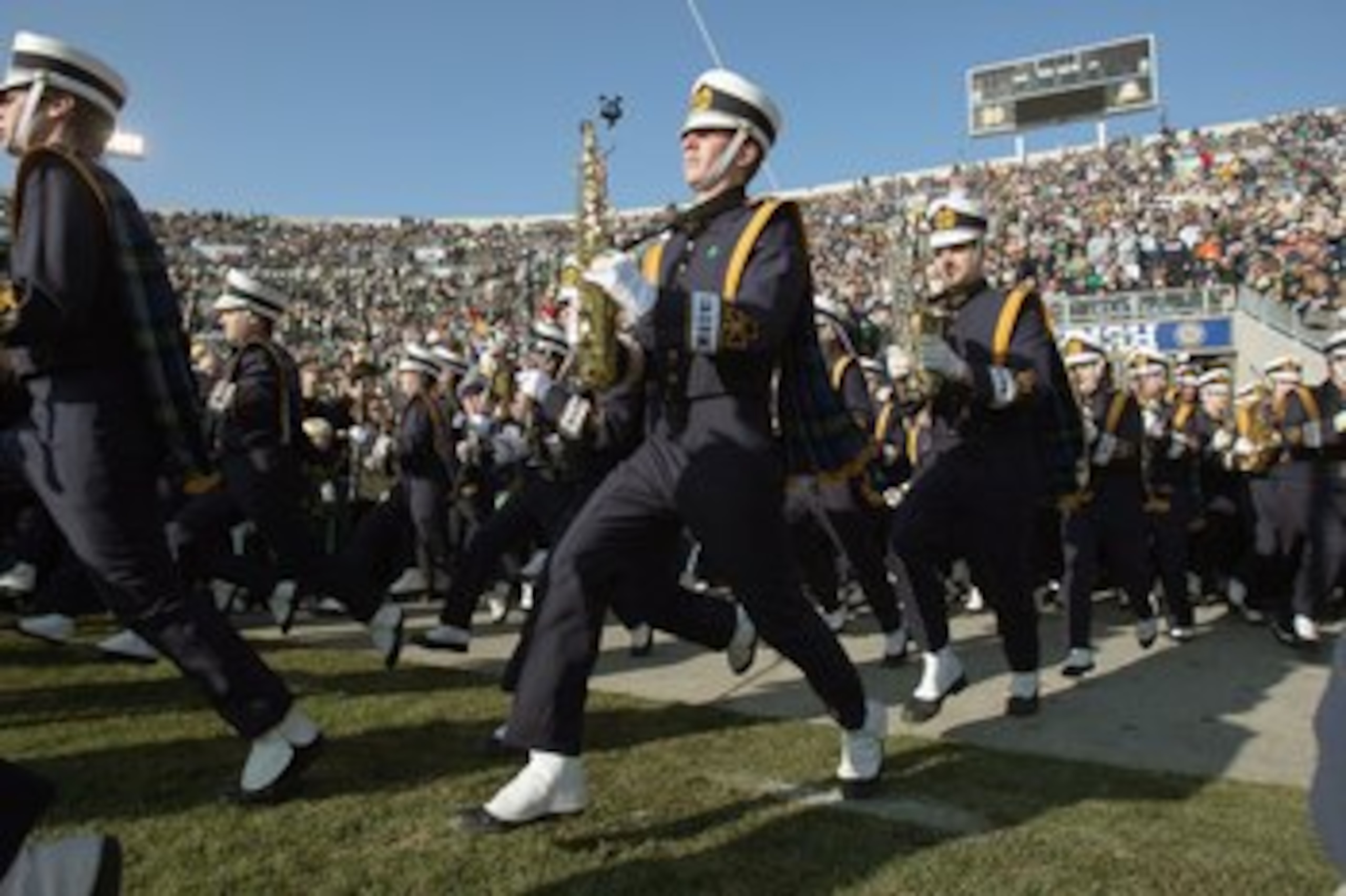 SOUTH BEND, IN - NOVEMBER 21: Marching Band of the Notre Dame Fighting Irish enters the field before the game against the Univeristy of Connecticut Huskies at Notre Dame Stadium on November 21, 2009 in South Bend, Indiana. (Photo by Jonathan Daniel/Getty 