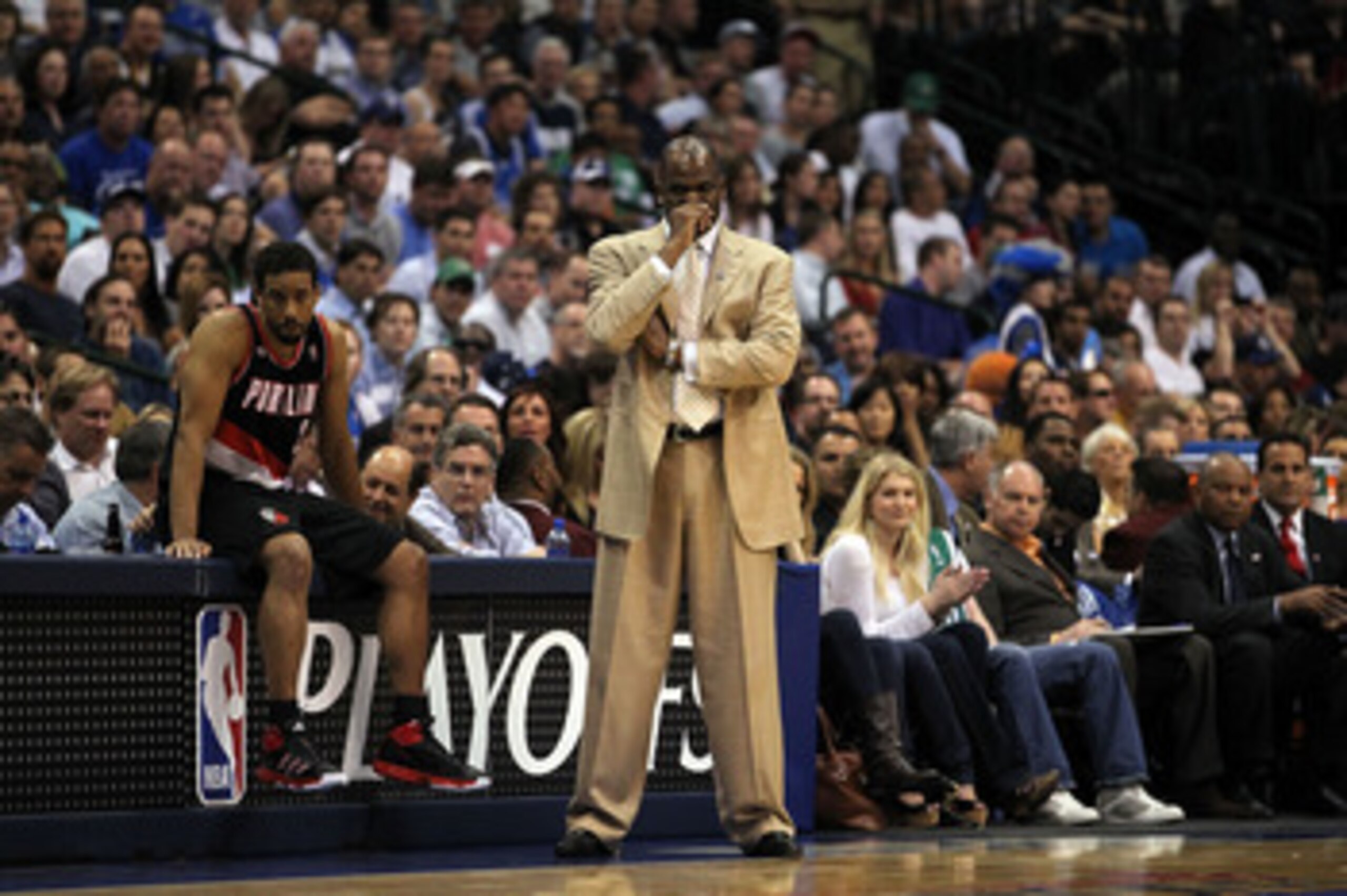 DALLAS, TX - APRIL 25: Head coach Nate McMillan and Andre Miller #24 of the Portland Trail Blazers during a loss against the Dallas Mavericks in Game Five of the Western Conference Quarterfinals during the 2011 NBA Playoffs on April 25, 2011 at American DALLAS, TX - APRIL 25: Head coach Nate McMillan and Andre Miller #24 of the Portland Trail Blazers during a loss against the Dallas Mavericks in Game Five of the Western Conference Quarterfinals during the 2011 NBA Playoffs on April 25, 2011 at American