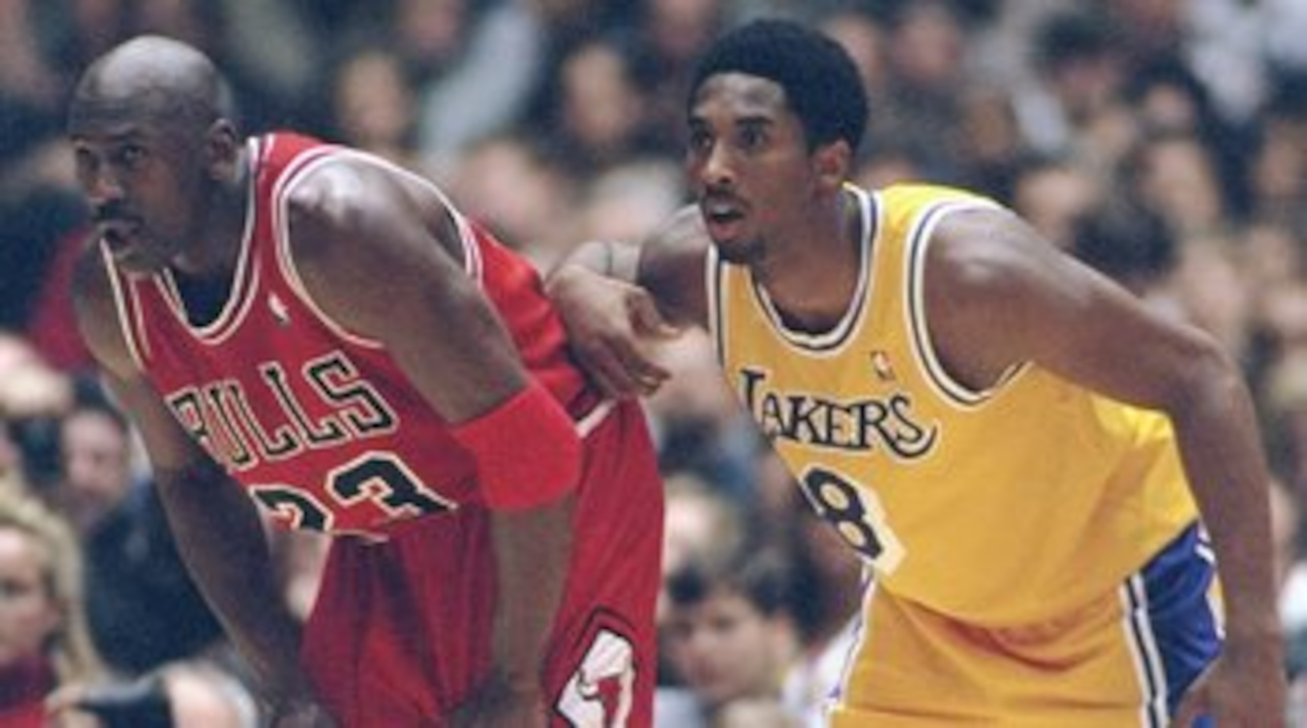 1 Feb 1998: Guard Michael Jordan of the Chicago Bulls (left) and guard Kobe Bryant of the Los Angeles Lakers look on during a game at the Great Western Forum in Inglewood, California. The Lakers won the game, 112-87. Mandatory Credit: Jed Jacobsohn /Al 1 Feb 1998: Guard Michael Jordan of the Chicago Bulls (left) and guard Kobe Bryant of the Los Angeles Lakers look on during a game at the Great Western Forum in Inglewood, California. The Lakers won the game, 112-87. Mandatory Credit: Jed Jacobsohn /Al