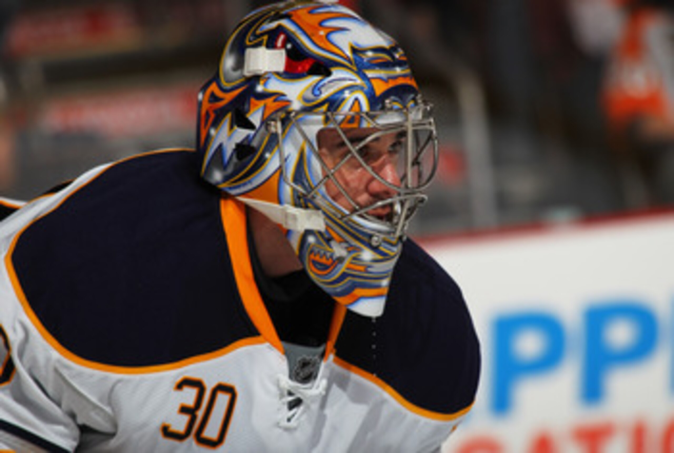 PHILADELPHIA, PA - APRIL 22:  Ryan Miller #30 of the Buffalo Sabres looks on during the second period against the Philadelphia Flyers in Game Five of the Eastern Conference Quarterfinals during the 2011 NHL Stanley Cup Playoffs at Wells Fargo Center on Ap