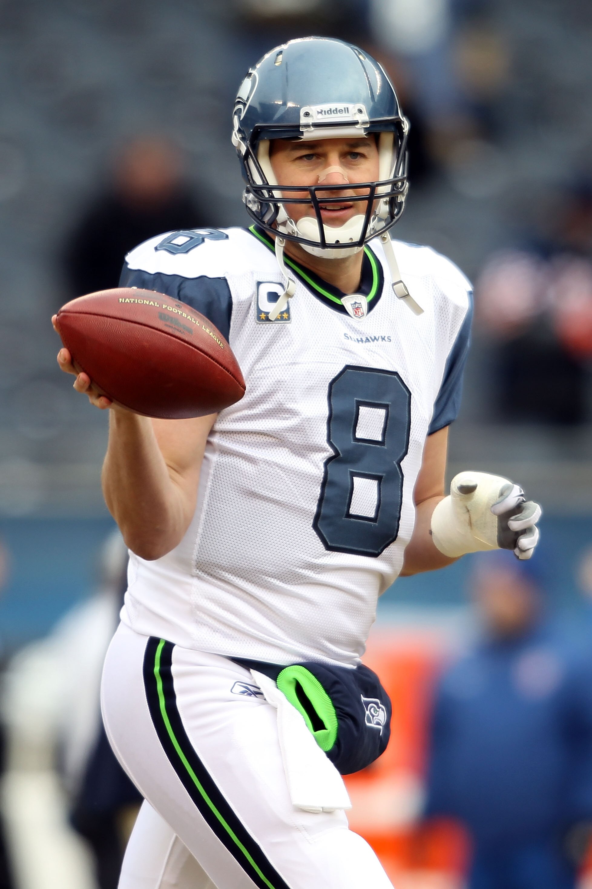 CHICAGO, IL - JANUARY 16:  Quarterback Matt Hasselbeck #8 of the Seattle Seahawks looks on during pregame before taking on the Chicago Bears in the 2011 NFC divisional playoff game at Soldier Field on January 16, 2011 in Chicago, Illinois.  (Photo by Andy