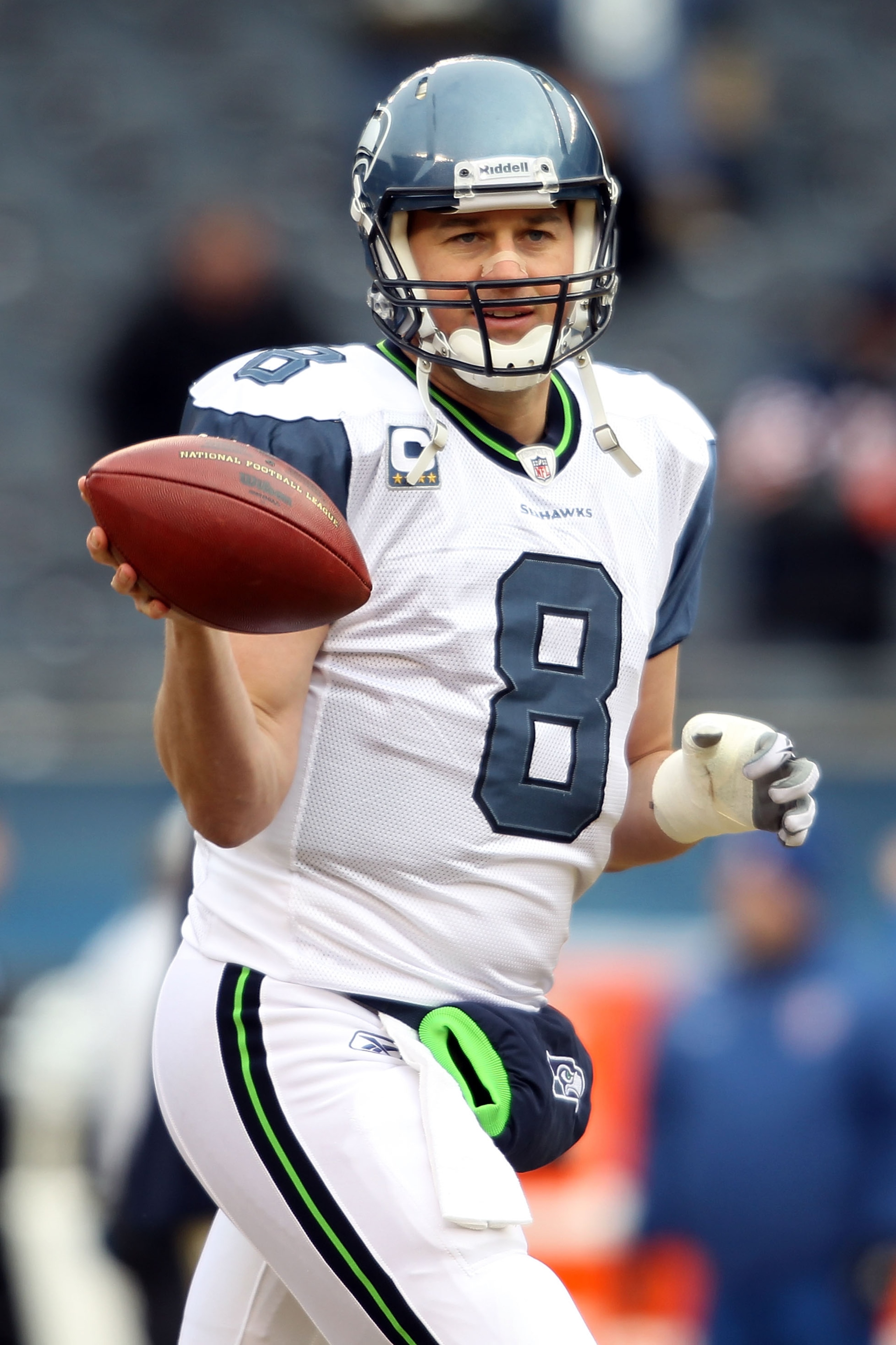 CHICAGO, IL - JANUARY 16:  Quarterback Matt Hasselbeck #8 of the Seattle Seahawks looks on during pregame before taking on the Chicago Bears in the 2011 NFC divisional playoff game at Soldier Field on January 16, 2011 in Chicago, Illinois.  (Photo by Andy