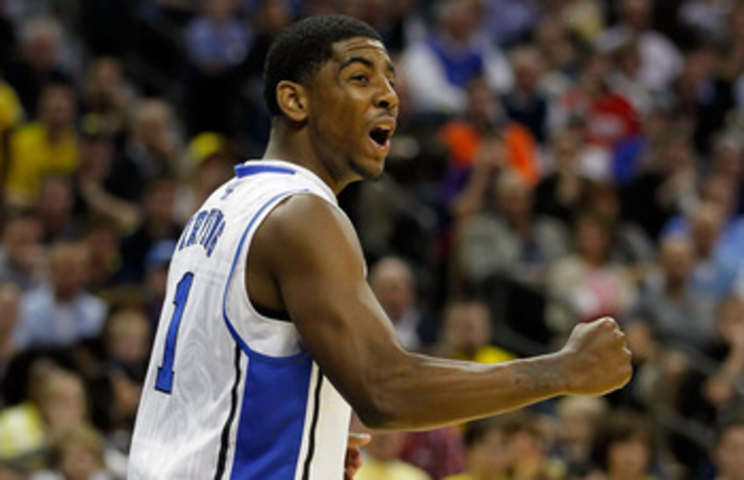 CHARLOTTE, NC - MARCH 20:  Kyrie Irving #1 of the Duke Blue Devils reacts in the first half while taking on the Michigan Wolverines during the third round of the 2011 NCAA men's basketball tournament at Time Warner Cable Arena on March 20, 2011 in Charlot