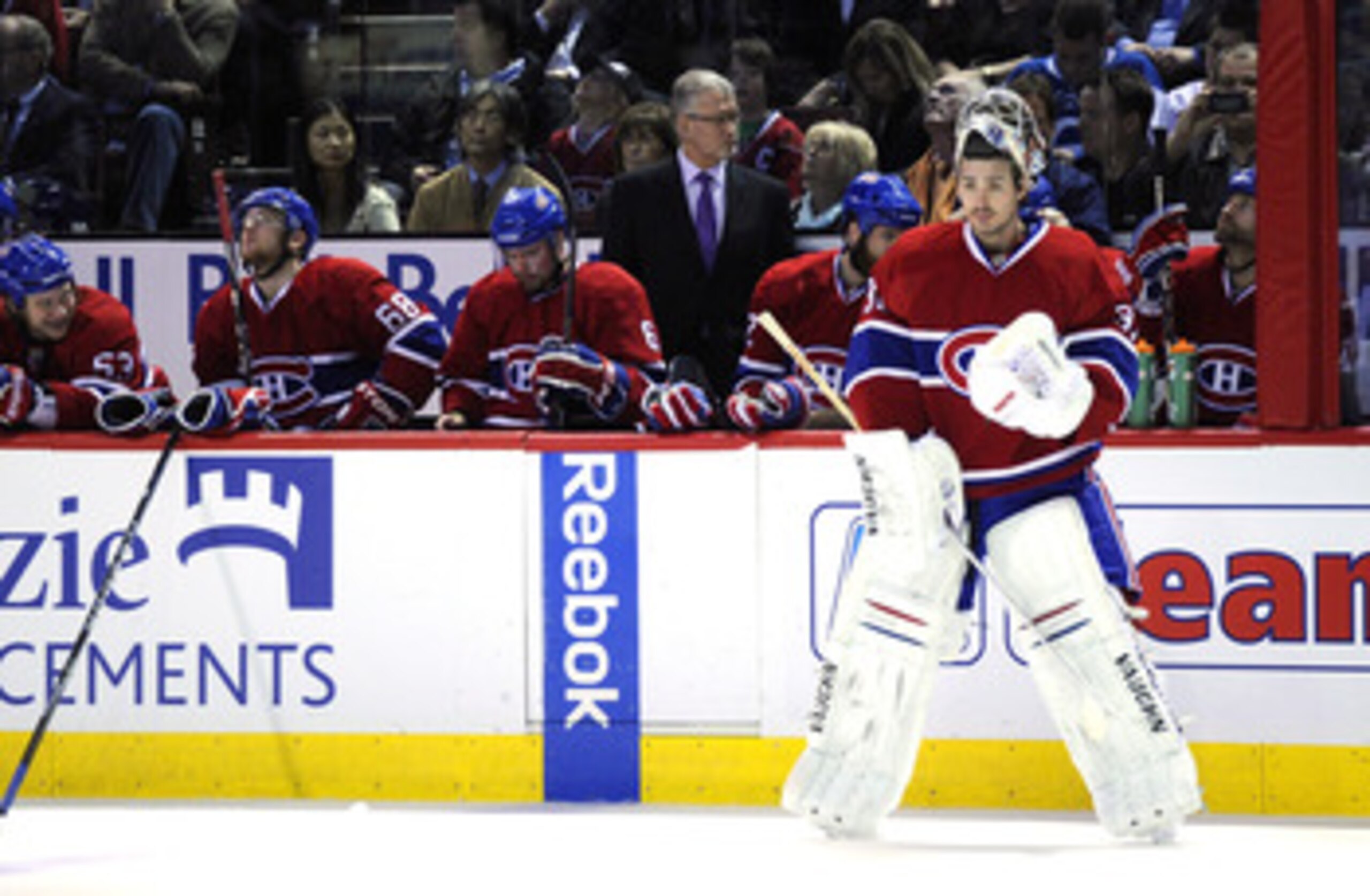 MONTREAL, CANADA - APRIL 26:  Carey Price #31 of the Montreal Canadiens tries to maintain his concentration during a TV timeout in Game Six of the Eastern Conference Quarterfinals against the Boston Bruins during the 2011 NHL Stanley Cup Playoffs at the B