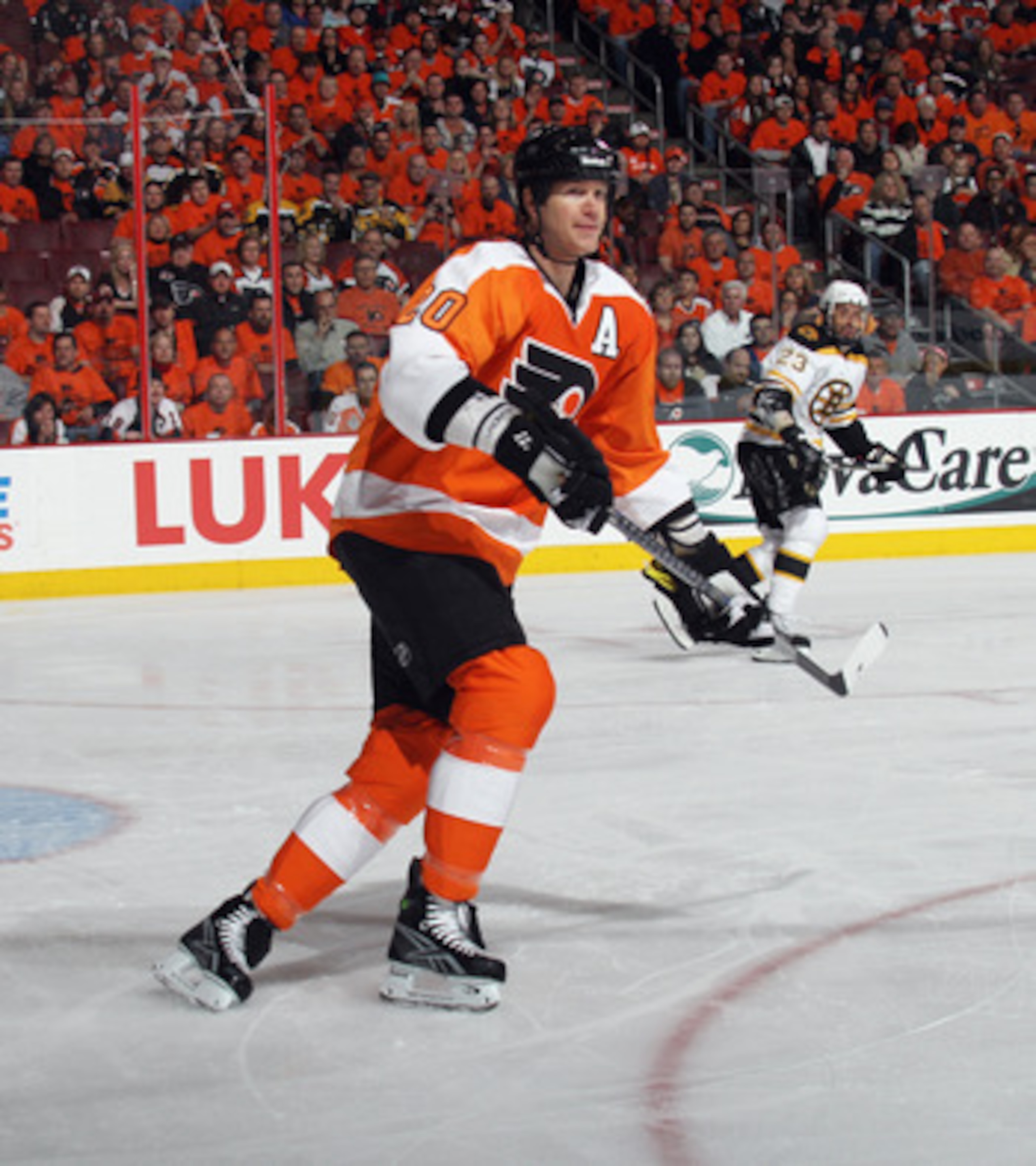 PHILADELPHIA, PA - APRIL 30:  Chris Pronger #20 of the Philadelphia Flyers skates against the Boston Bruins in Game One of the Eastern Conference Semifinals during the 2011 NHL Stanley Cup Playoffs at the Wells Fargo Center on April 30, 2011 in Philadelph
