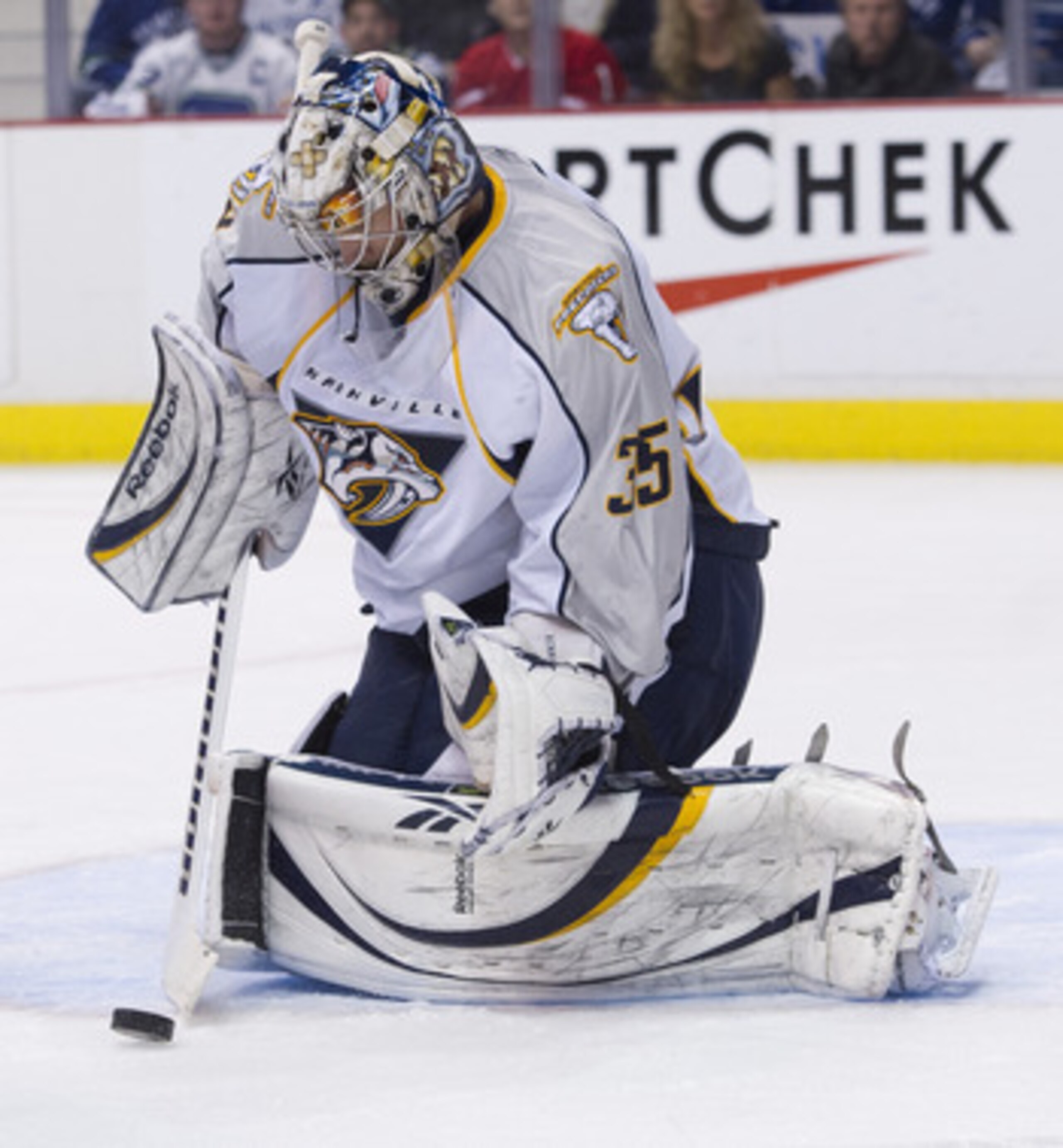 VANCOUVER, CANADA - APRIL 28: Goalie Pekka Rinne #35 of the Nashville Predators makes a save during Game One of the Western Conference Semifinals against the Vancouver Canucks during the 2011 NHL Stanley Cup Playoffs on April 28, 2011 at Rogers Arena in V