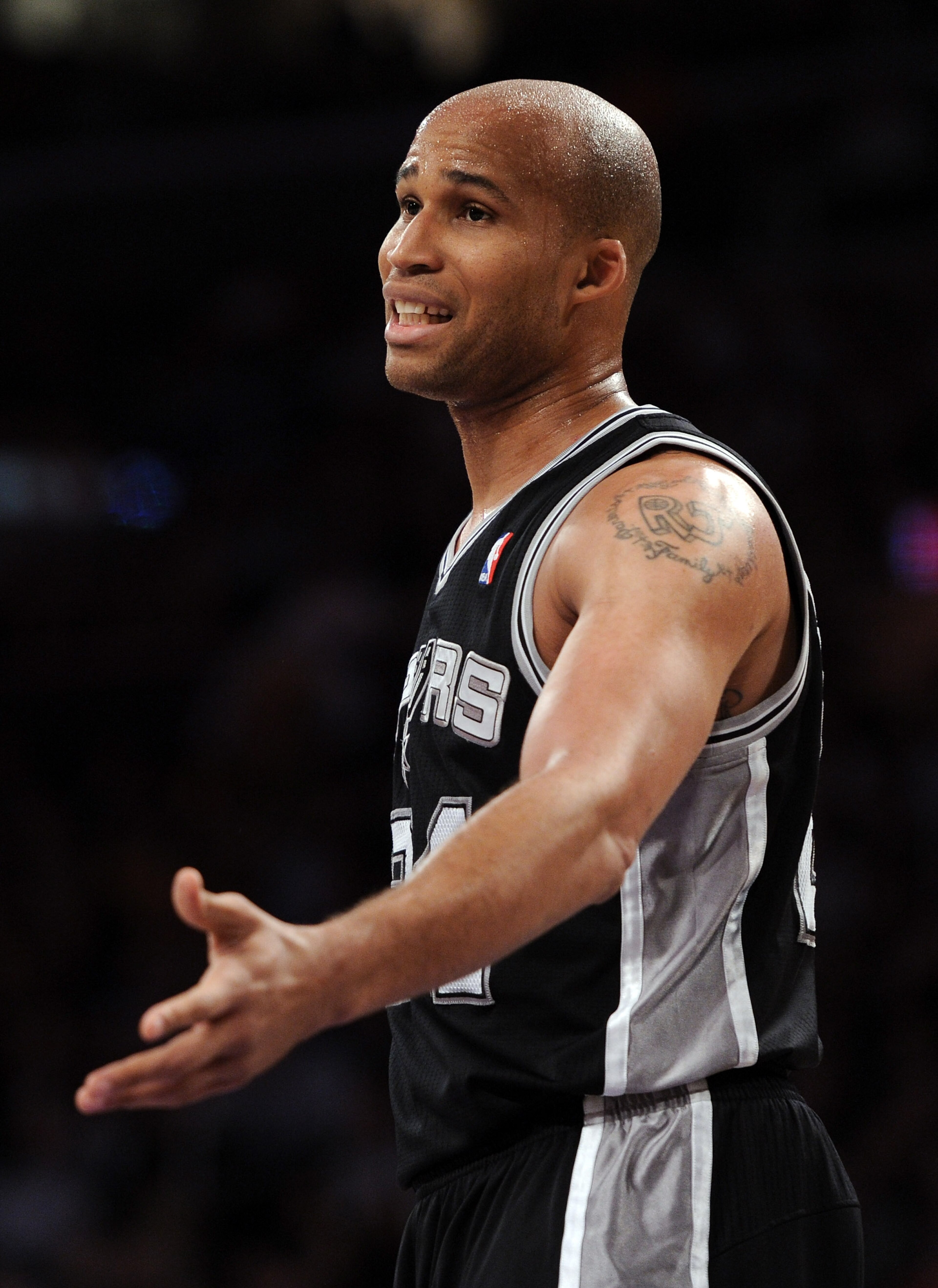 LOS ANGELES, CA - APRIL 12:  Richard Jefferson #24 of the San Antonio Spurs argues a foul call during the game against the Los Angeles Lakers at Staples Center on April 12, 2011 in Los Angeles, California.  NOTE TO USER: User expressly acknowledges and ag
