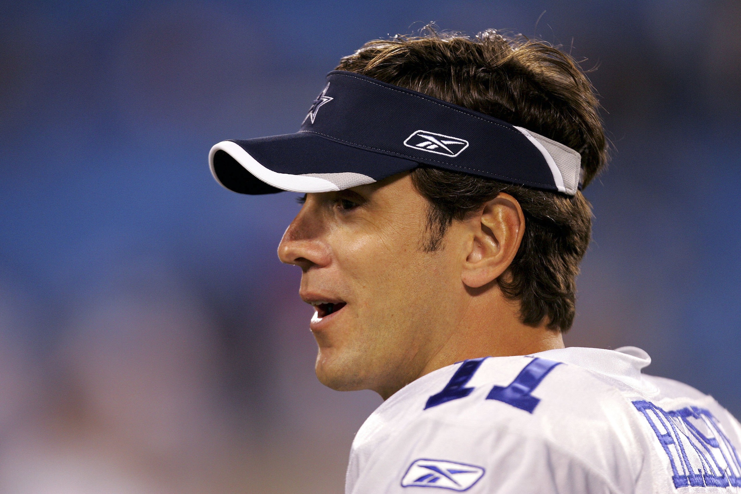 CHARLOTTE, NC - OCTOBER 29:  Drew Bledsoe #11 of the Dallas Cowboys smiles as he warms up before the start of their game against the Carolina Panthers on October 29, 2006 at Bank of America Stadium in Charlotte, North Carolina.  (Photo by Streeter Lecka/G