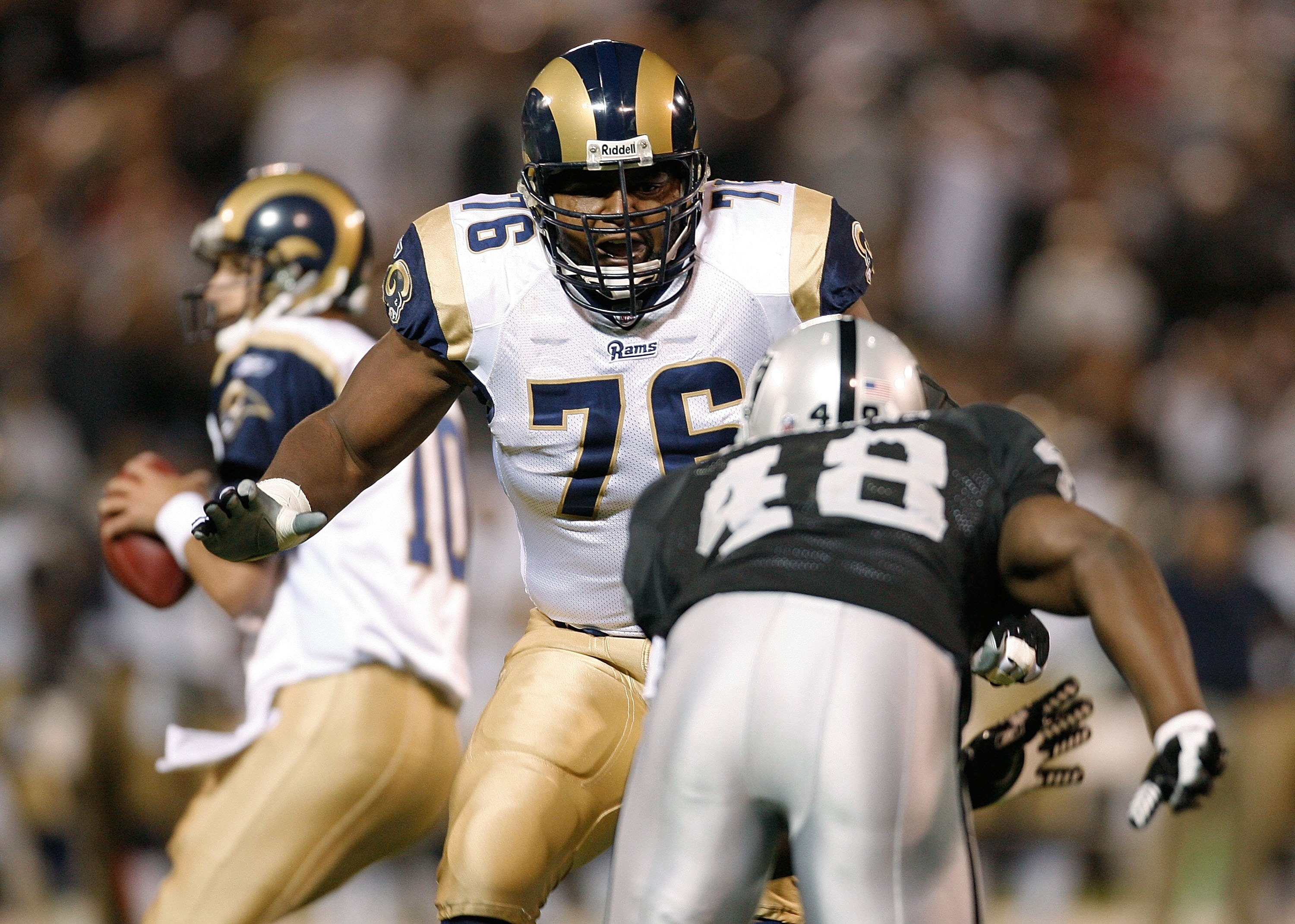 OAKLAND, CA - AUGUST 24:  Offensive lineman Orlando Pace #76 of the St. Louis Rams blocks against the Oakland Raiders during a preseason game on August 24, 2007 at McAfee Coliseum.  (Photo by Greg Trott/Getty Images)