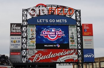 NEW YORK - APRIL 13:  The scoreboard is seen prior to the New York Mets playing the San Diego Padres on April 13, 2009 at Citi Field in the Flushing neighborhood of the Queens borough of New York City.This is the first regular season MLB game being played