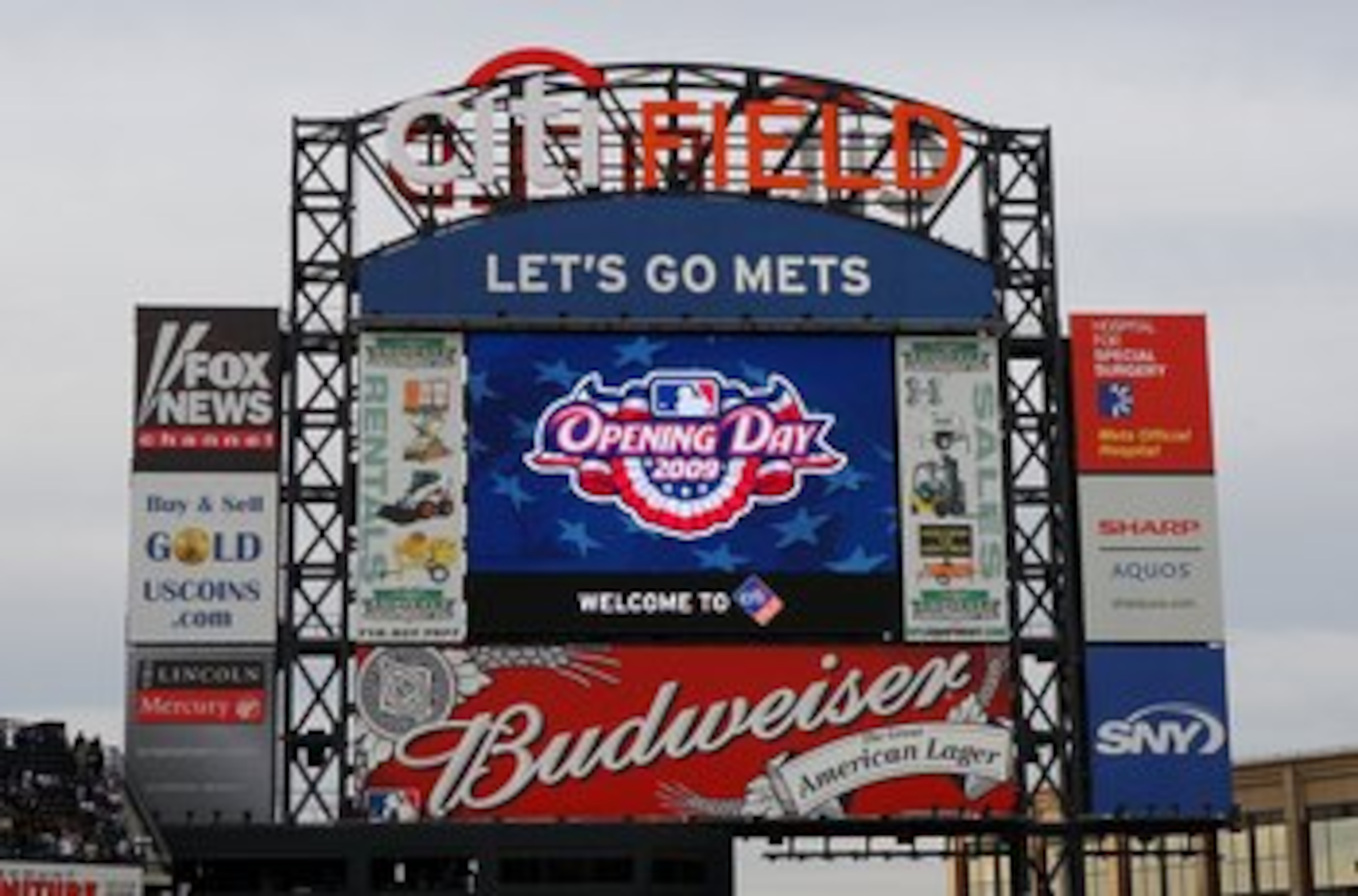 NEW YORK - APRIL 13:  The scoreboard is seen prior to the New York Mets playing the San Diego Padres on April 13, 2009 at Citi Field in the Flushing neighborhood of the Queens borough of New York City.This is the first regular season MLB game being played