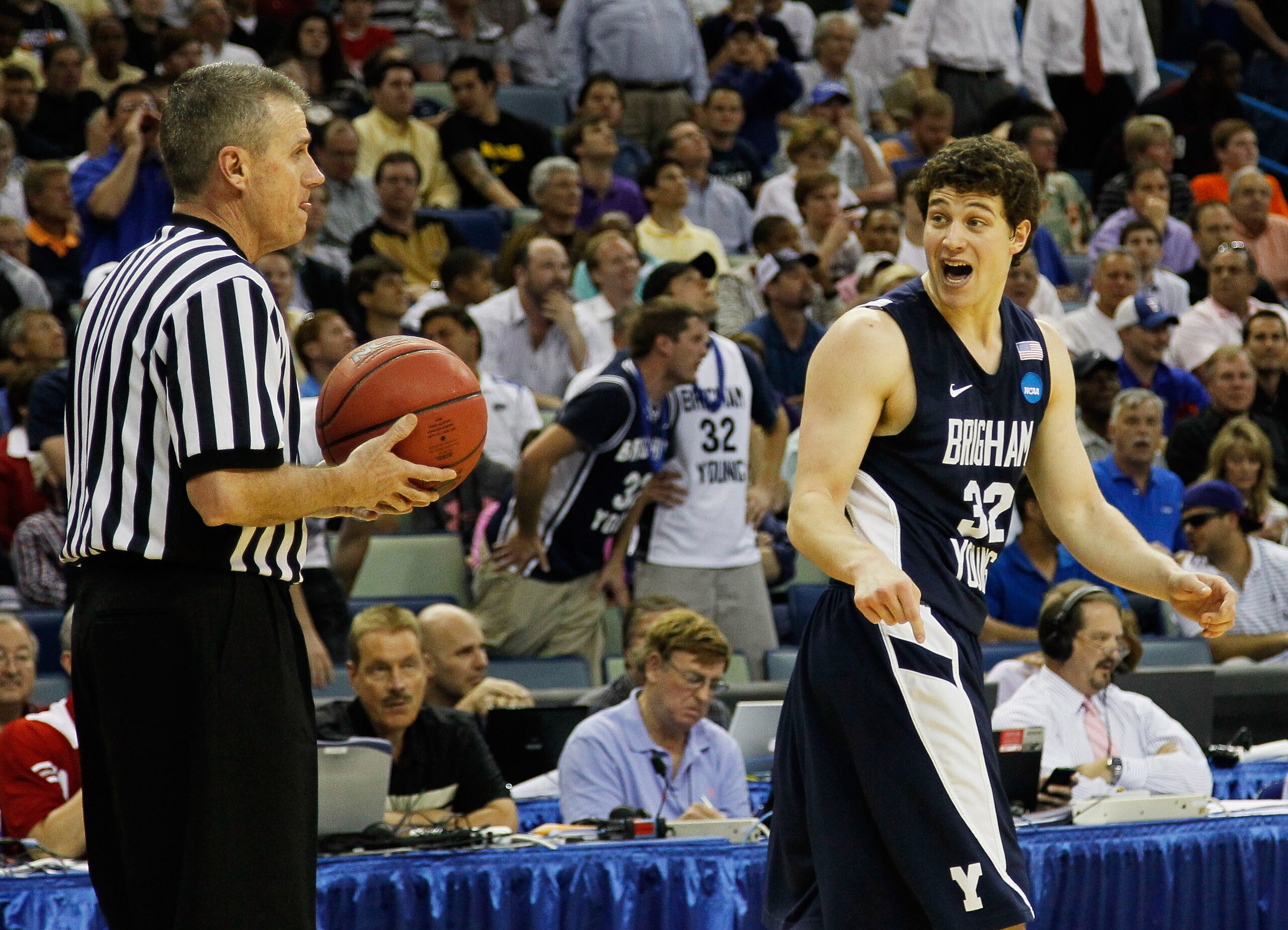 NEW ORLEANS, LA - MARCH 24:  Jimmer Fredette #32 of the Brigham Young Cougars reacts while talking to an official during their game against the Florida Gators in the Southeast regional of the 2011 NCAA men's basketball tournament at New Orleans Arena on M