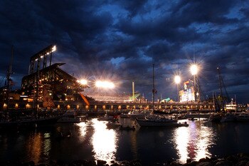 SAN FRANCISCO - OCTOBER 28:  An exterior view of the outside of  AT&T Park as boaters and fans congregate around McCovey Cove during Game Two of the 2010 MLB World Series between the San Francisco Giants and the Texas Rangers at AT&T Park on October 28, 2