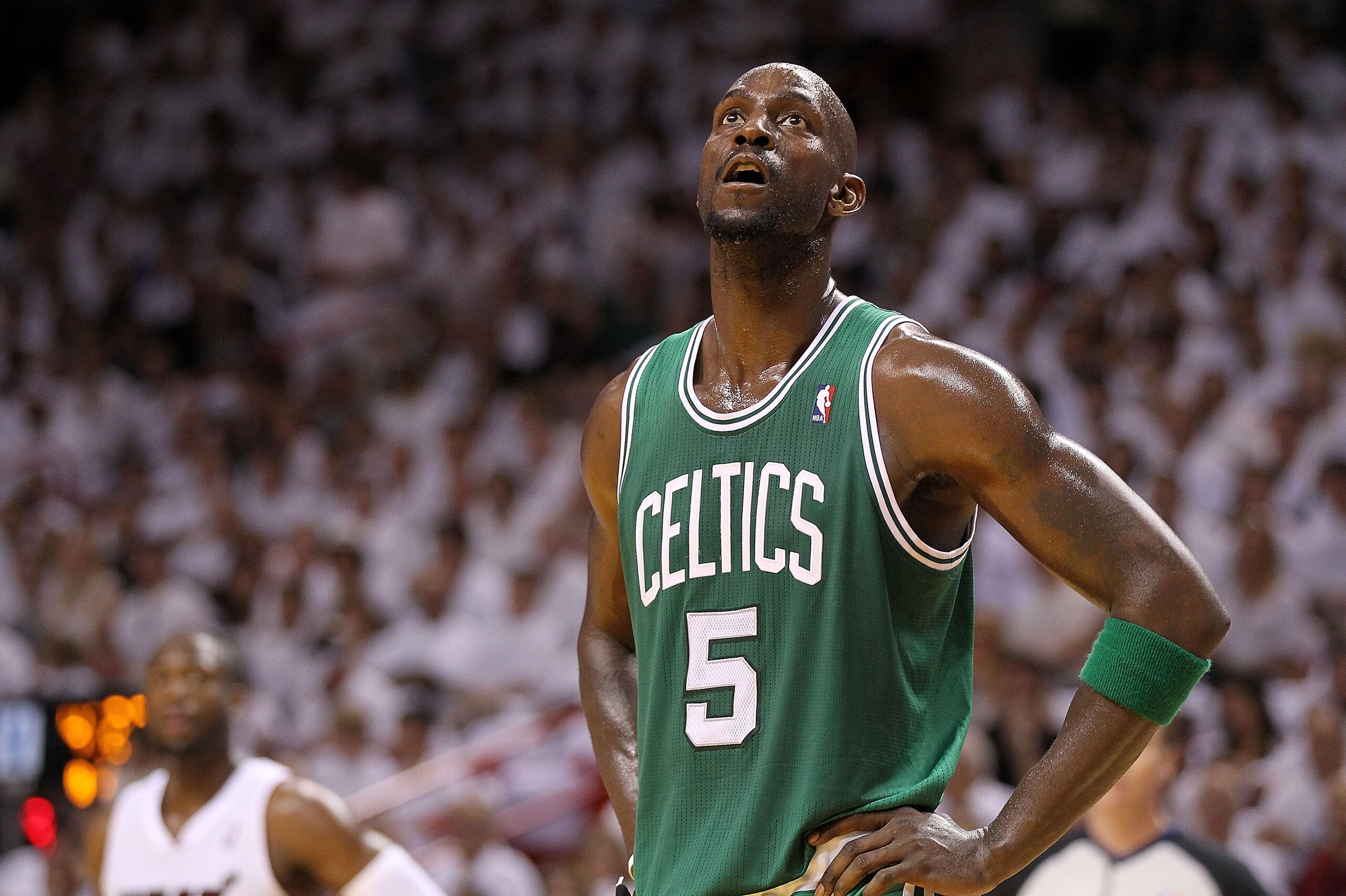 MIAMI, FL - MAY 01:  Kevin Garnett #5  of the Boston Celtics looks on  during game one of the Eastern Conference Semifinals of the 2011 NBA Playoffs against the Miami Heat at American Airlines Arena on May 1, 2011 in Miami, Florida. NOTE TO USER: User exp