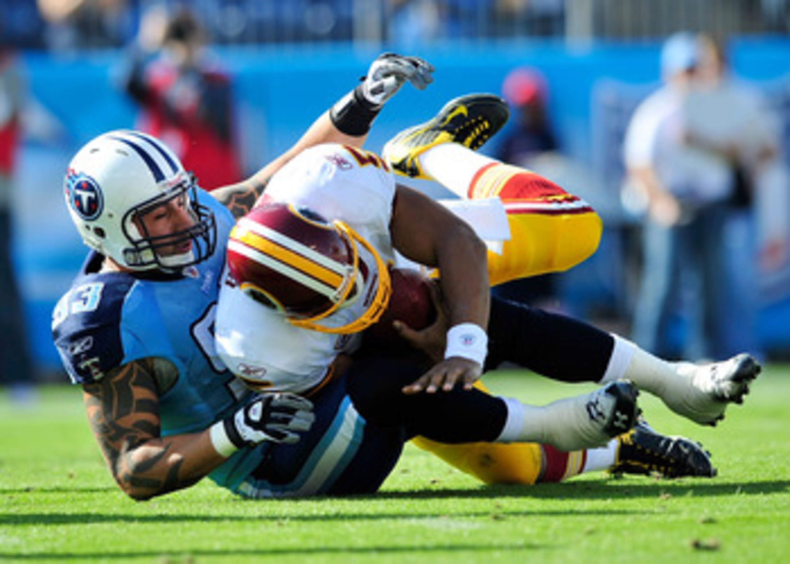 NASHVILLE, TN - NOVEMBER 21:  Jason Babin #93 of the Tennessee Titans sacks quarterback Donovan McNabb #5 of the Washington Redskins during the first half at LP Field on November 21, 2010 in Nashville, Tennessee.  (Photo by Grant Halverson/Getty Images)
