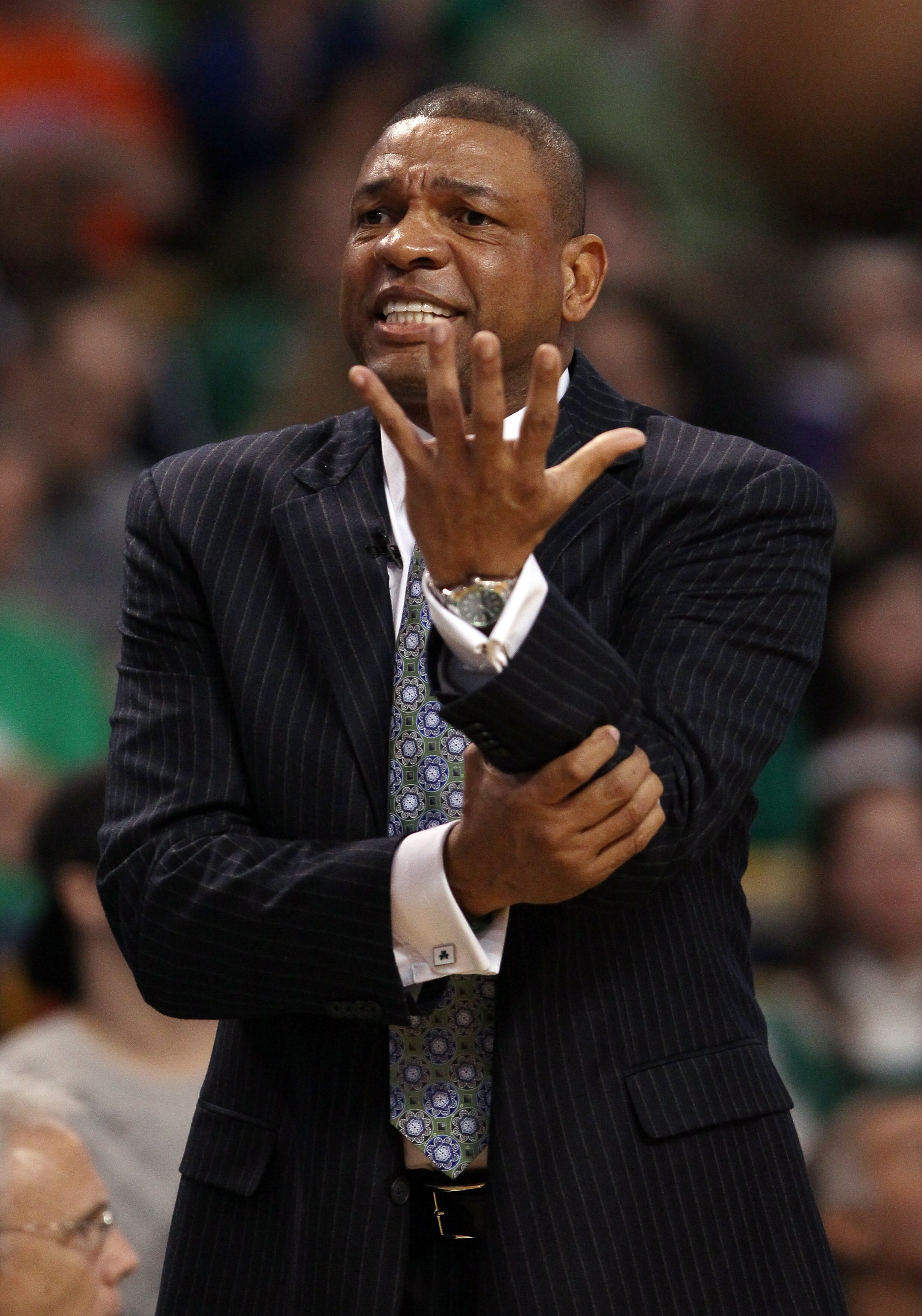 BOSTON, MA - APRIL 17:  Head coach Doc Rivers of the Boston Celtics reacts in the first quarter against the New York Knicks in Game One of the Eastern Conference Quarterfinals in the 2011 NBA Playoffs on April 17, 2011 at the TD Garden in Boston, Massachu