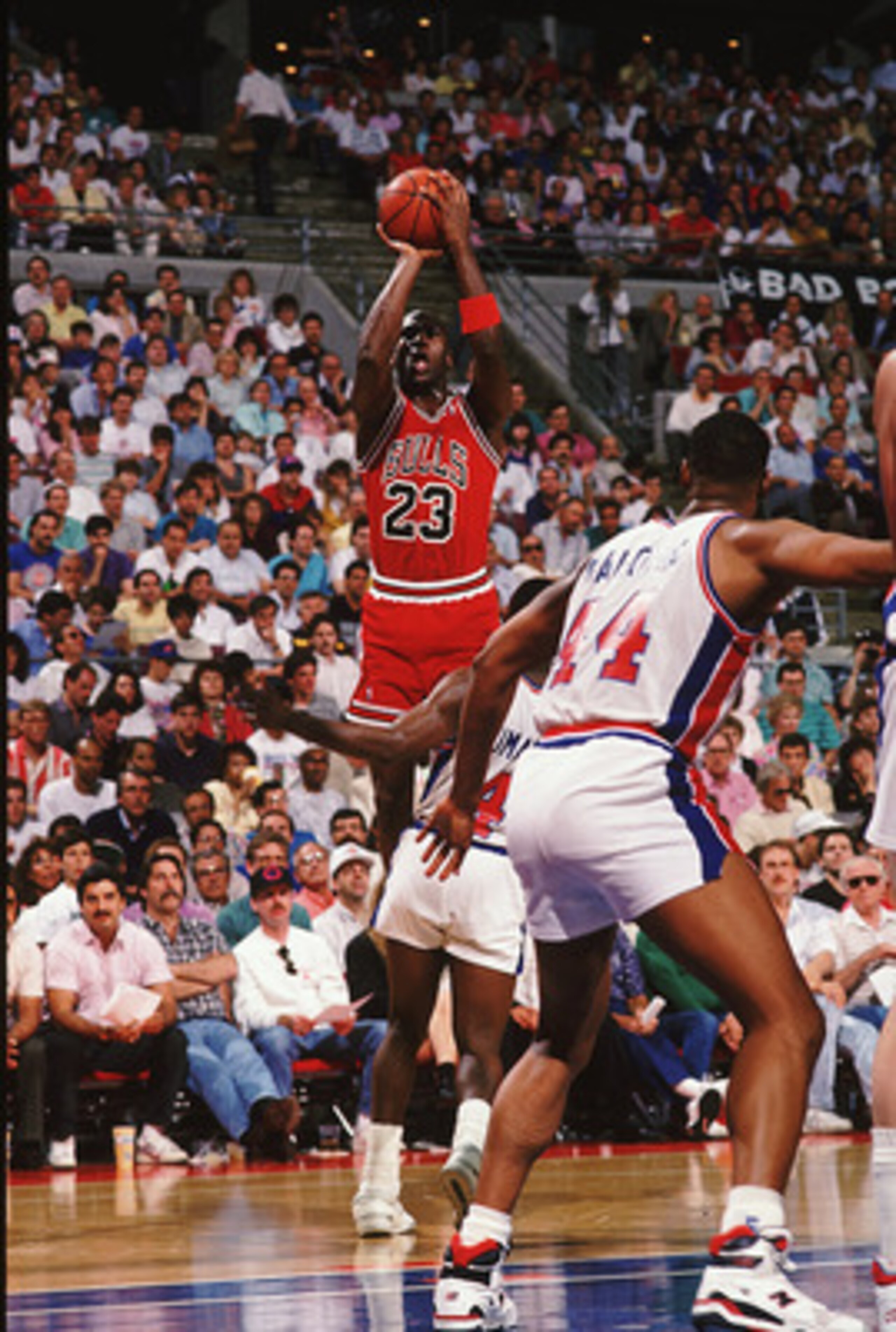 1988: Michael Jordan #23 of the Chicago Bulls jumps to shoot the ball during a game against the Detroit Pistons. NOTE TO USER: It is expressly understood that the only rights Allsport are offering to license in this Photograph are one-time, non-exclusive 1988: Michael Jordan #23 of the Chicago Bulls jumps to shoot the ball during a game against the Detroit Pistons. NOTE TO USER: It is expressly understood that the only rights Allsport are offering to license in this Photograph are one-time, non-exclusive