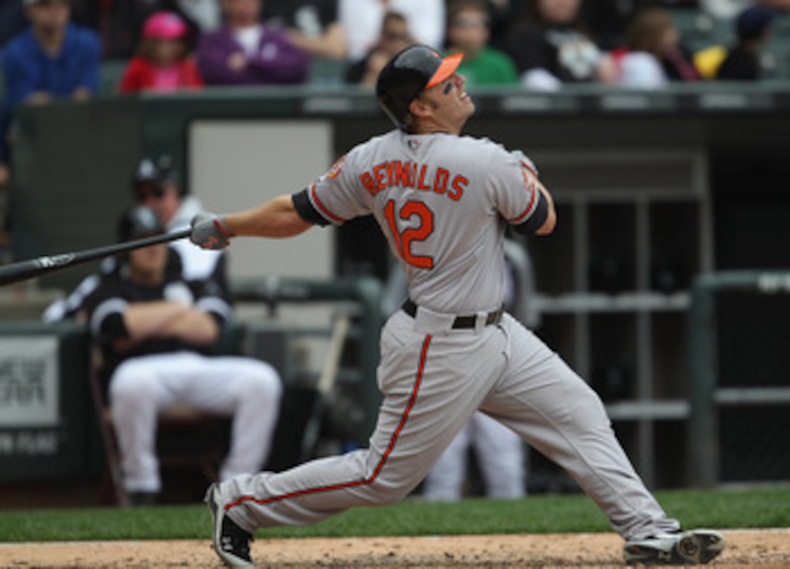 CHICAGO, IL - MAY 01: Mark Reynolds #12 of the Baltimore Orioles hits the ball against the Chicago White Sox at U.S. Cellular Field on May 1, 2011 in Chicago, Illinois. The Orioles defeated the White Sox 6-4. (Photo by Jonathan Daniel/Getty Images)
