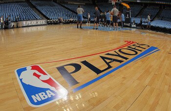 DENVER, CO - APRIL 25:  The stage is set as the Oklahoma City Thunder warm up prior to facing the Denver Nuggets in Game Four of the Western Conference Quarterfinals in the 2011 NBA Playoffs on April 25, 2011 at the Pepsi Center in Denver, Colorado. NOTE