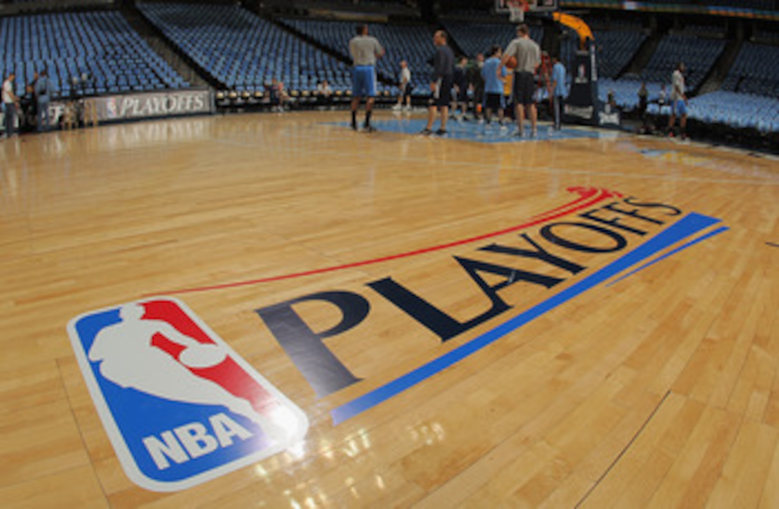 DENVER, CO - APRIL 25:  The stage is set as the Oklahoma City Thunder warm up prior to facing the Denver Nuggets in Game Four of the Western Conference Quarterfinals in the 2011 NBA Playoffs on April 25, 2011 at the Pepsi Center in Denver, Colorado. NOTE