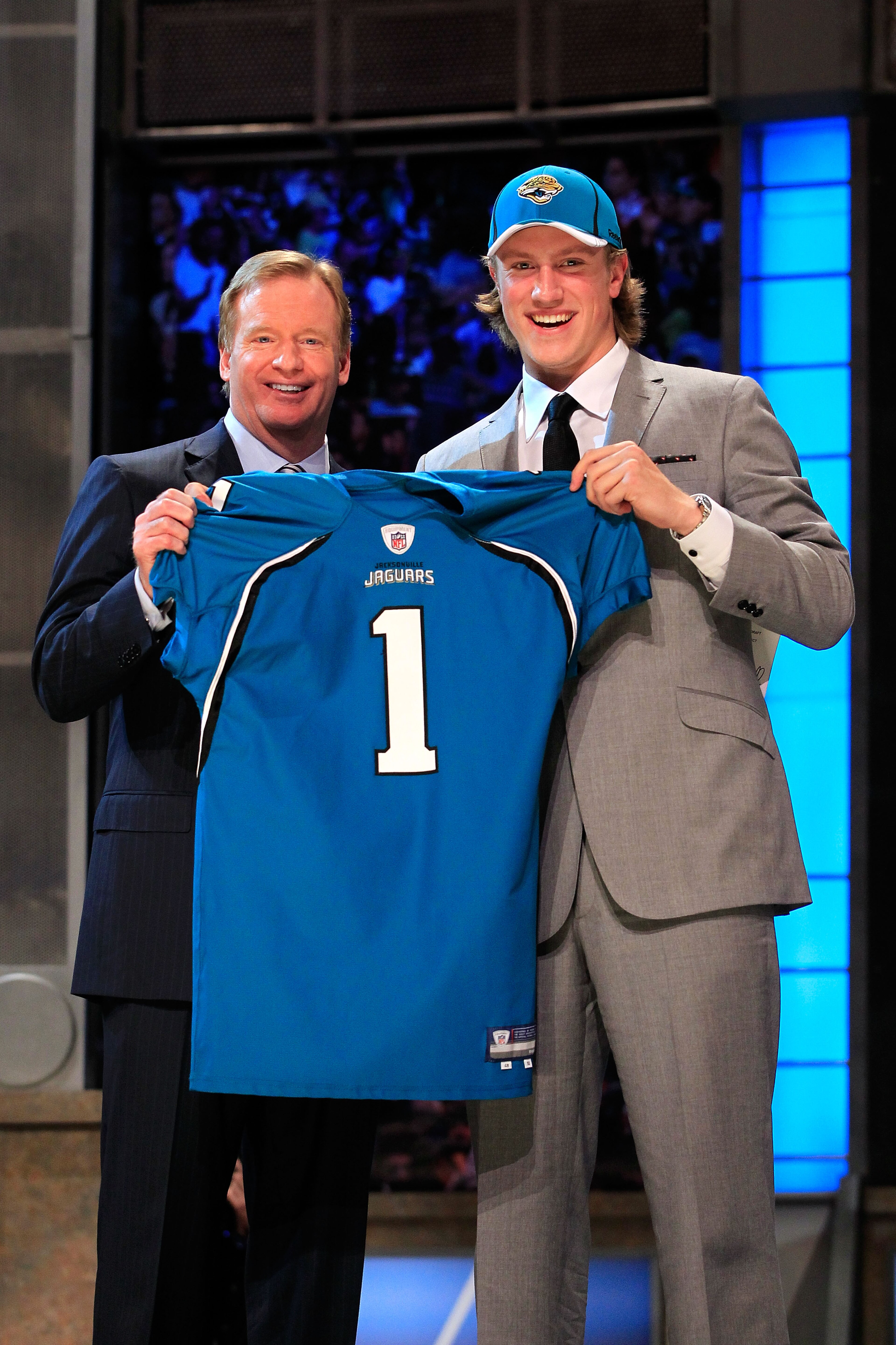 NEW YORK, NY - APRIL 28:  NFL Commissoner Roger Goodell (L) poses for a photo with Blaine Gabbert, #11 overall pick by the Jacksonville Jaguars, holds up a jersey during the 2011 NFL Draft at Radio City Music Hall on April 28, 2011 in New York City.  (Pho