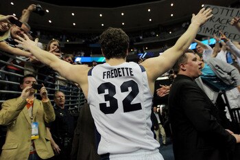 DENVER, CO - MARCH 19:  Jimmer Fredette #32 of the Brigham Young Cougars runs off of the court after defeating the Gonzaga Bulldogs during the third round of the 2011 NCAA men's basketball tournament at Pepsi Center on March 19, 2011 in Denver, Colorado.