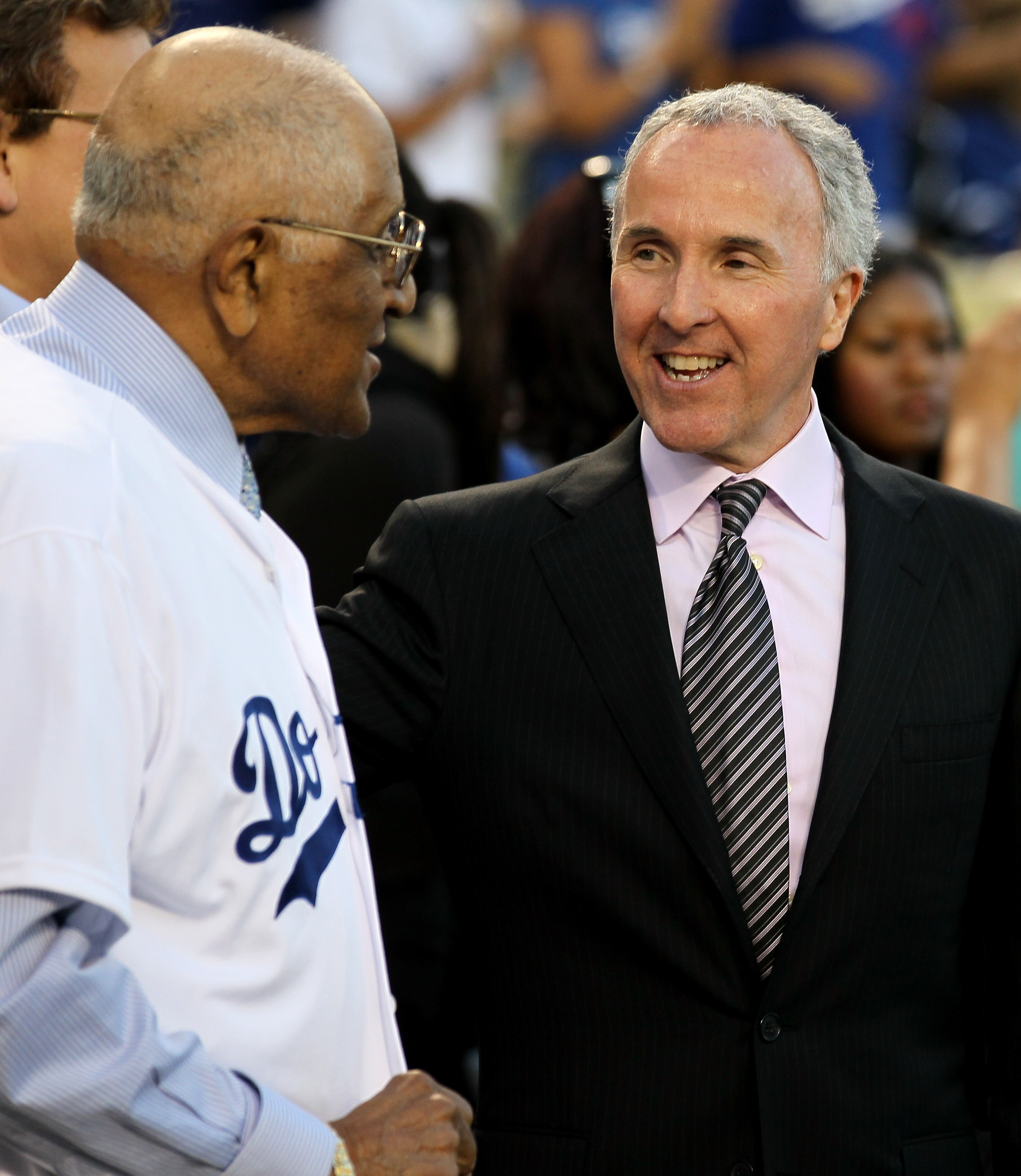 LOS ANGELES, CA - APRIL 15:   Los Angeles Dodgers owner Frank McCourt (R) greets Don Newcombe, former Brooklyn Dodgers teammate of Jackie Robinson, before the game with the St. Louis Cardinals as Major League Baseball celebrates Jackie Robinson Day on Apr
