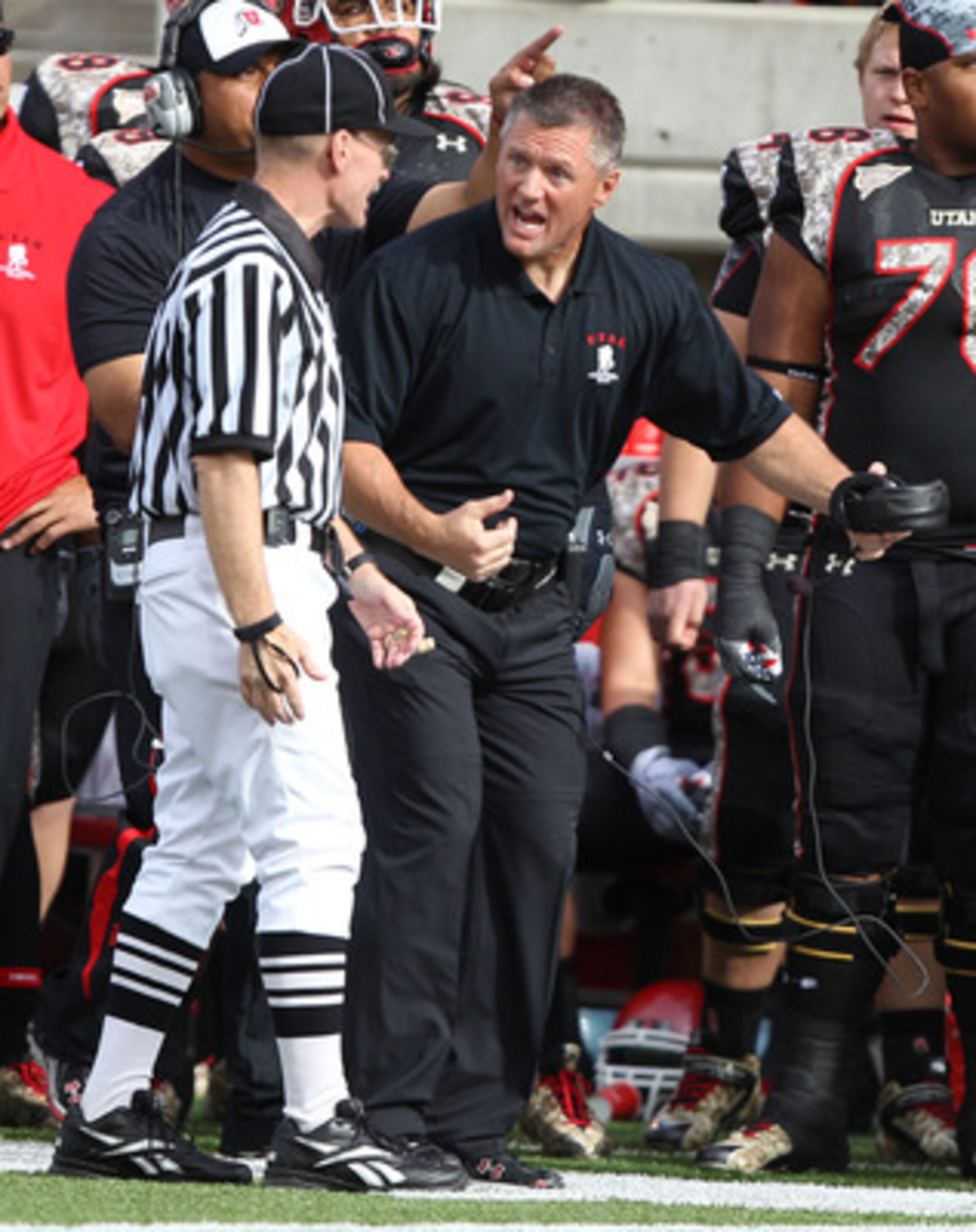 SALT LAKE CITY, UT - NOVEMBER 6: Head coach Kyle Whittingham of the Utah Utes argues with an official during a game against the TCU Horned Frogs during the second half of an NCAA Football game November 6, 2010 at Rice-Eccles Stadium in Salt Lake City, Uta
