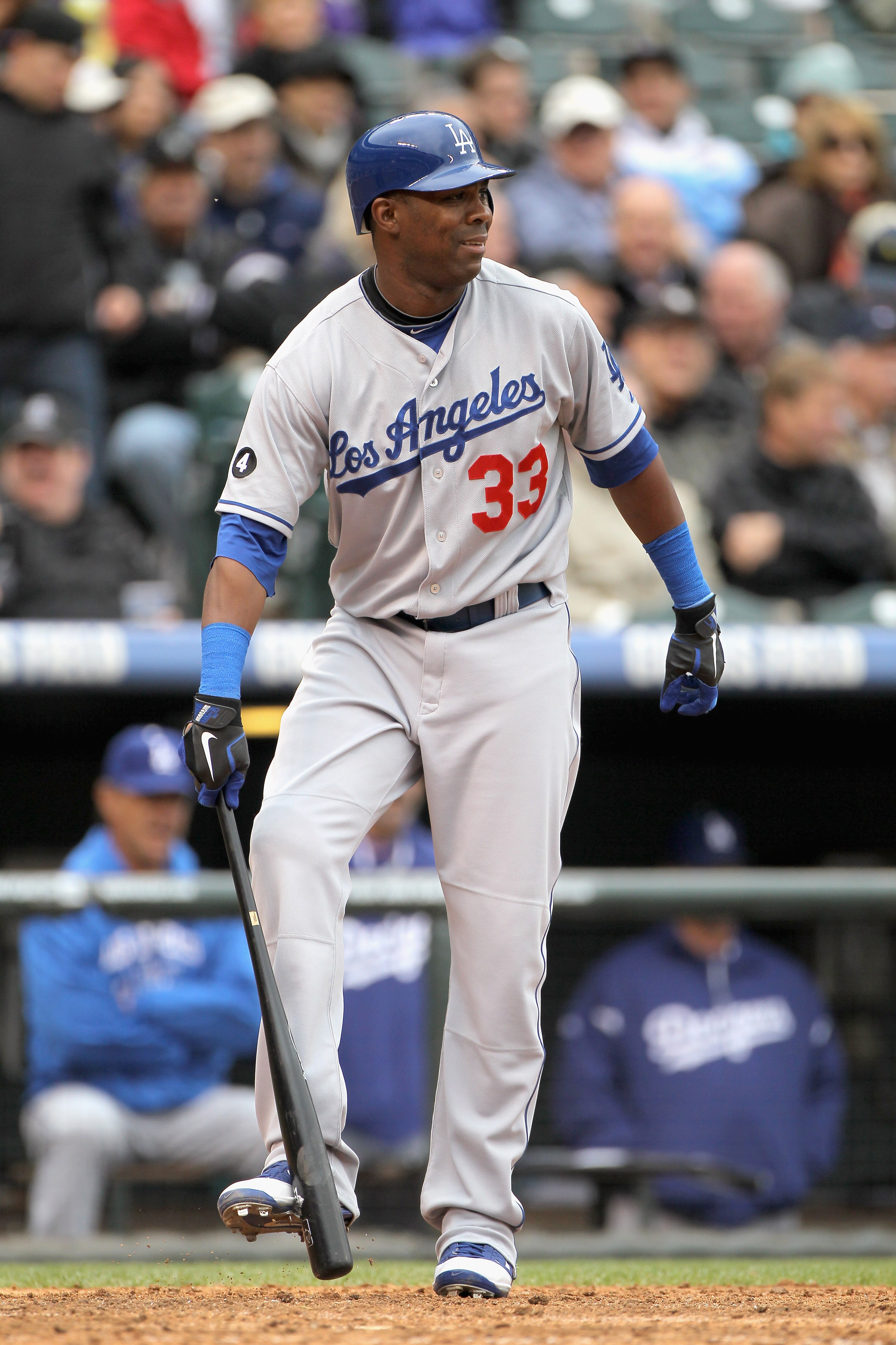DENVER, CO - APRIL 06:  Marcus Thames #33 of the Los Angeles Dodgers takes an at bat against the Colorado Rockies at Coors Field on April 6, 2011 in Denver, Colorado.  (Photo by Doug Pensinger/Getty Images)
