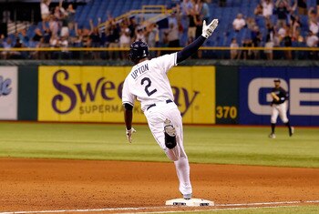 ST. PETERSBURG, FL - MAY 03:  Outfielder B.J. Upton #2 of the Tampa Bay Rays celebrates his two run walkoff home run against the Toronto Blue Jays at Tropicana Field on May 3, 2011 in St. Petersburg, Florida.  (Photo by J. Meric/Getty Images)