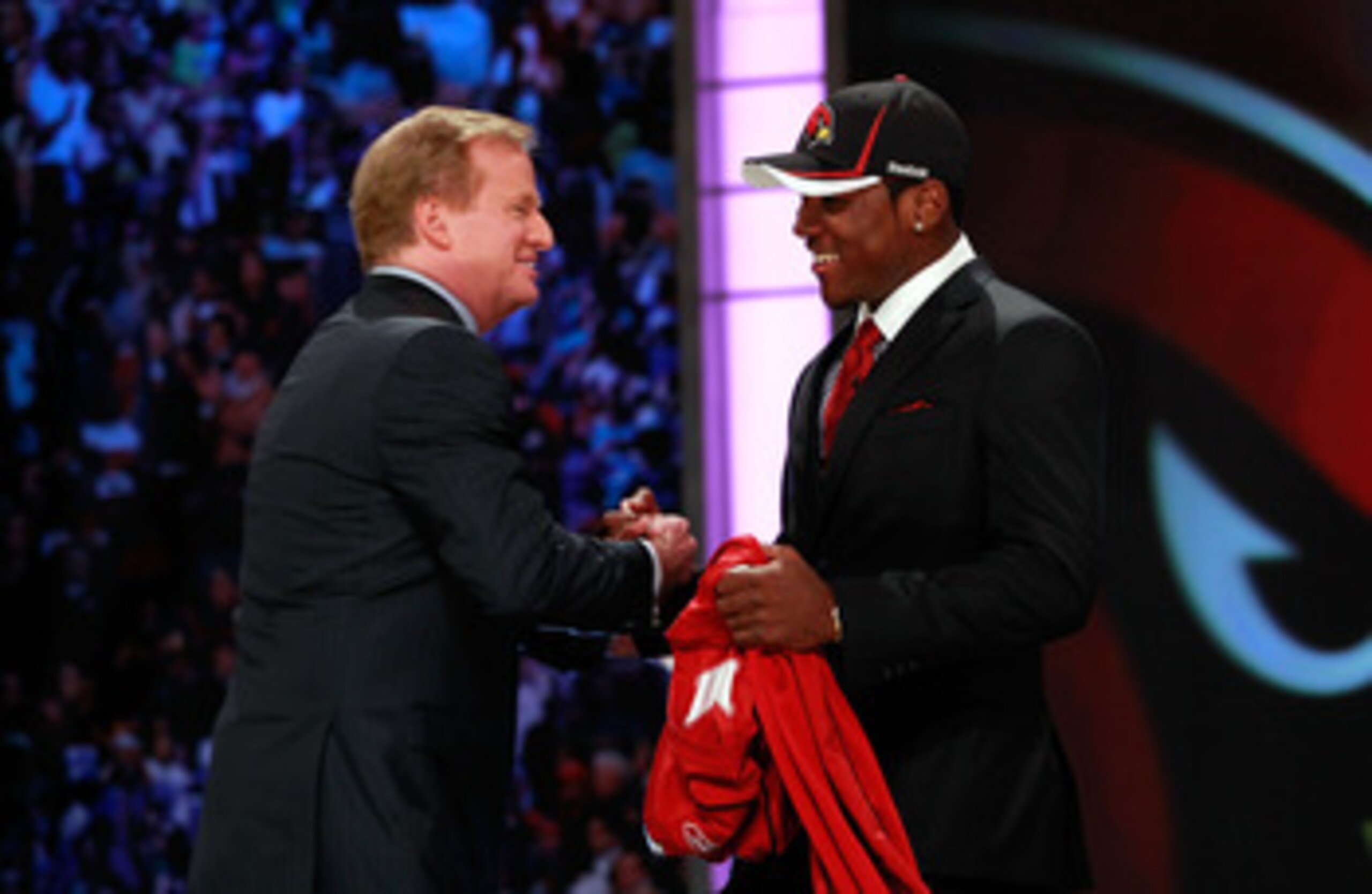 NEW YORK, NY - APRIL 28:  NFL Commissioner Roger Goodell (L) greets Patrick Peterson, #5 overall pick by the Arizona Cardinals, during the 2011 NFL Draft at Radio City Music Hall on April 28, 2011 in New York City.  (Photo by Chris Trotman/Getty Images)