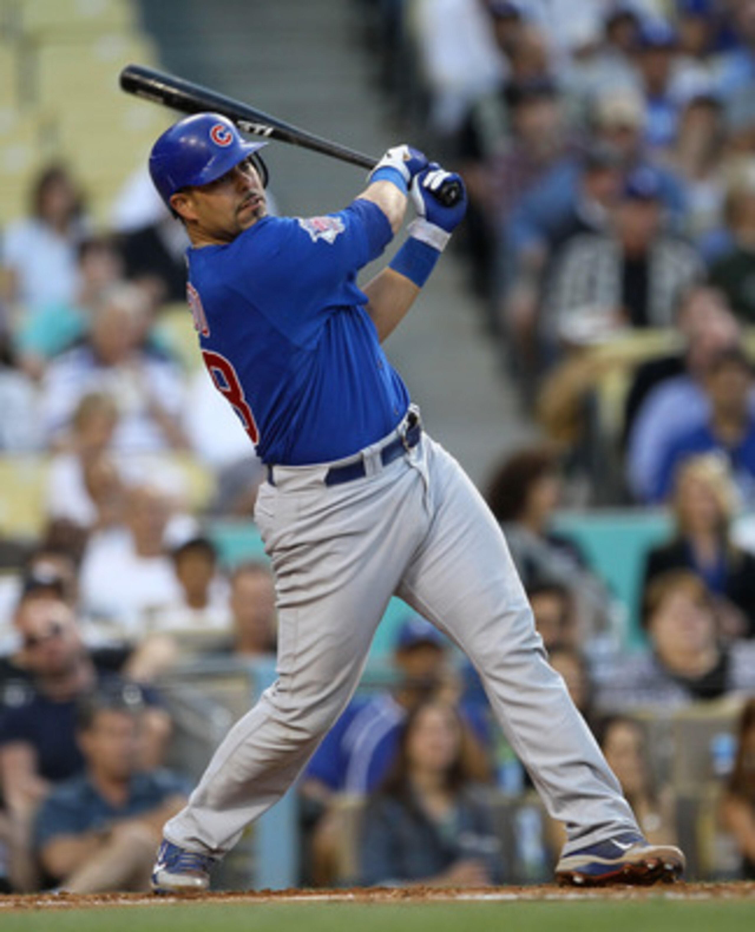 LOS ANGELES, CA - MAY 02:  Geovany Soto #18 of the Chicago Cubs hits an RBI double in the first inning against the Los Angeles Dodgers on May 2, 2011 at Dodger Stadium in Los Angeles, California.  (Photo by Stephen Dunn/Getty Images)