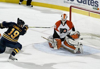 BUFFALO, NY - MARCH 05: Tim Connolly #19 of the Buffalo Sabres scores the game winning goal in overtime against Michael Leighton #49 of the Philadelphia Flyers at HSBC Arena on March 5, 2010 in Buffalo, New York. (Photo by Rick Stewart/Getty Images) BUFFALO, NY - MARCH 05: Tim Connolly #19 of the Buffalo Sabres scores the game winning goal in overtime against Michael Leighton #49 of the Philadelphia Flyers at HSBC Arena on March 5, 2010 in Buffalo, New York. (Photo by Rick Stewart/Getty Images)