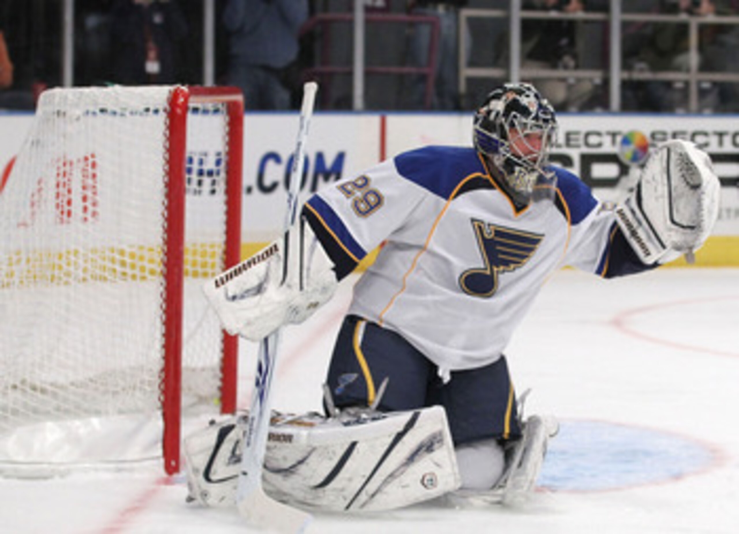 NEW YORK - NOVEMBER 07: Ty Conklin #29 of the St. Louis Blues makes a save against The New York Rangers during their game on November 7, 2010 at Madison Square Garden in New York City, New York.  (Photo by Al Bello/Getty Images)