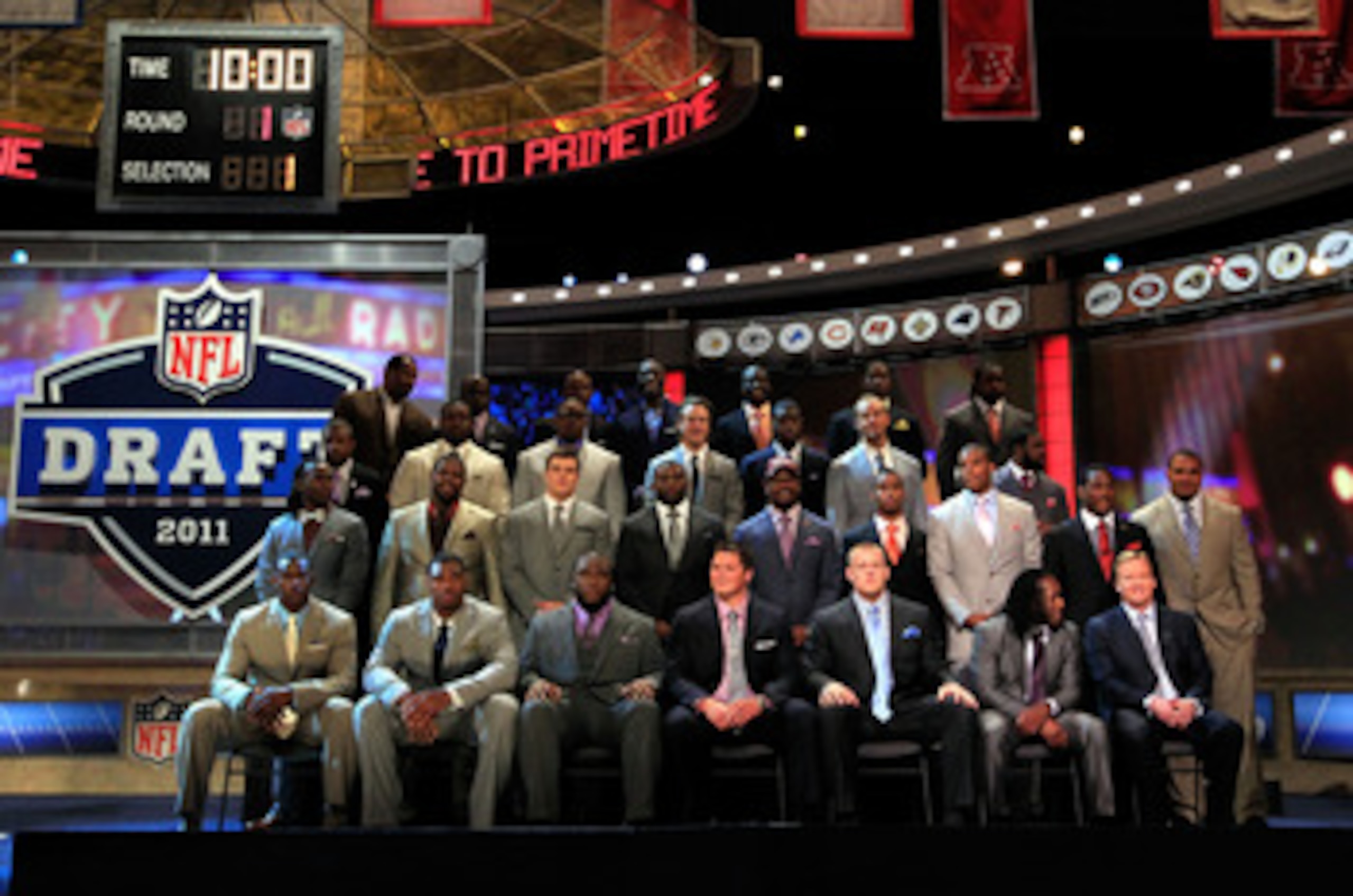 NEW YORK, NY - APRIL 28:  NFL Commissioner Roger Goodell (botom row R) poses for a photo on stage with the members of the 2011 Draft class and the 2011 Pro Football Hall of Fame class during the 2011 NFL Draft at Radio City Music Hall on April 28, 2011 in