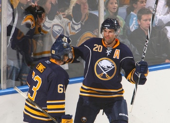 BUFFALO, NY - SEPTEMBER 25: Rob Niedermayer #20 and Tyler Ennis #36 of the Buffalo Sabres celebrate Niedermayer's goal in the second period against the Toronto Maple Leafs at HSBC Arena on September 25, 2010 in Buffalo, New York. (Photo by Rick Stewart/G BUFFALO, NY - SEPTEMBER 25: Rob Niedermayer #20 and Tyler Ennis #36 of the Buffalo Sabres celebrate Niedermayer's goal in the second period against the Toronto Maple Leafs at HSBC Arena on September 25, 2010 in Buffalo, New York. (Photo by Rick Stewart/G