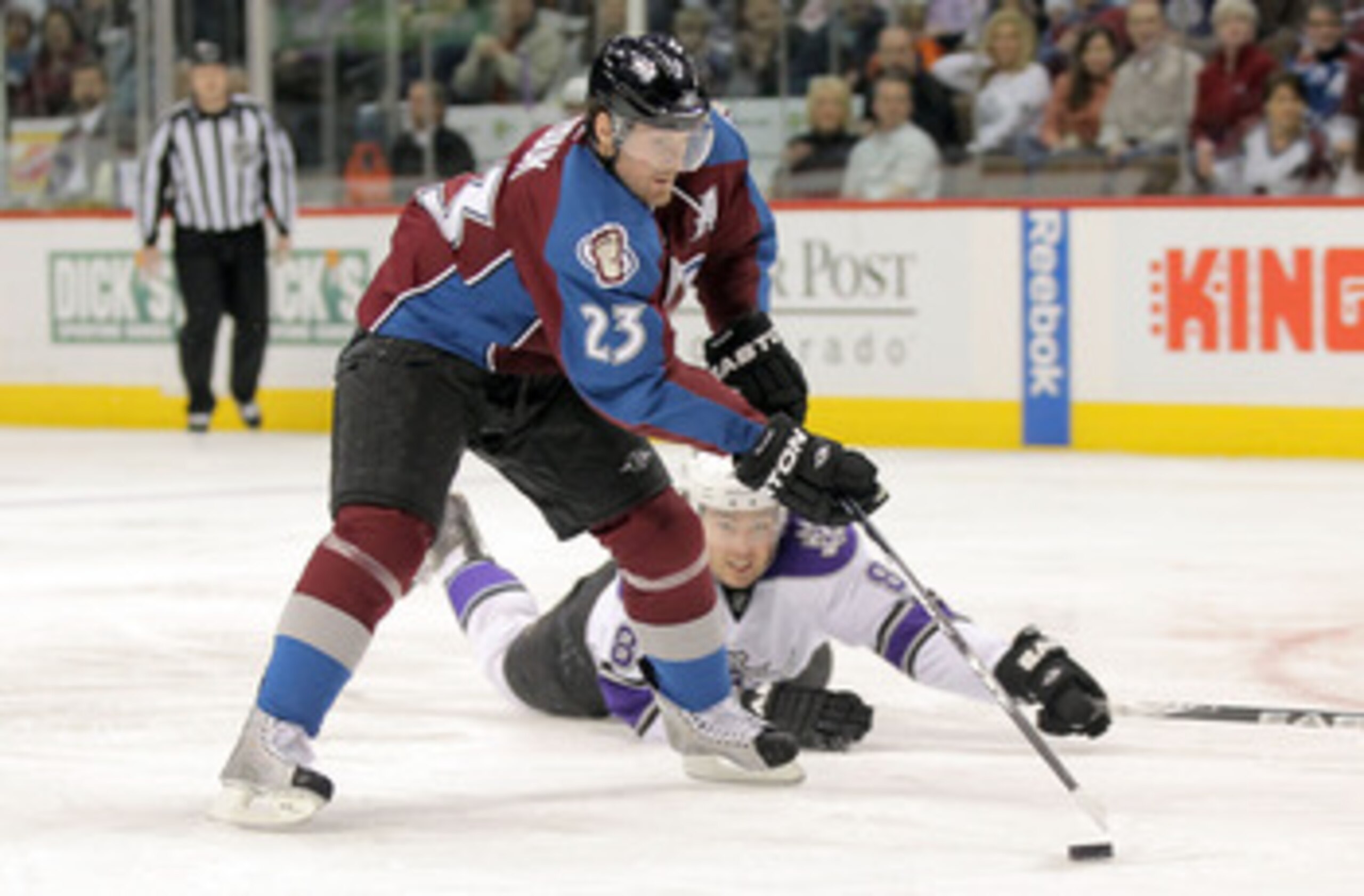 DENVER - APRIL 11:  Milan Hejduk #23 of the Colorado Avalanche beats the defense of Drew Doughty #8 of the Los Angeles Kings as he breaks away to take a shot on goal during NHL action at the Pepsi Center on April 11, 2010 in Denver, Colorado.  (Photo by D