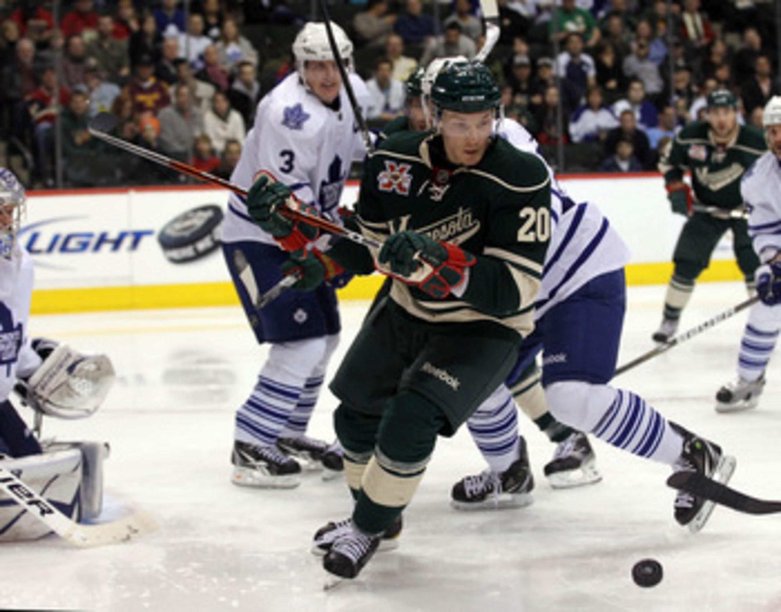 ST PAUL, MN - MARCH 22:  Antti Miettinen #20 of the Minnesota Wild skates against the Toronto Maple Leafs at the Xcel Energy Center on March 22, 2011 in St Paul, Minnesota.  (Photo by Bruce Bennett/Getty Images)