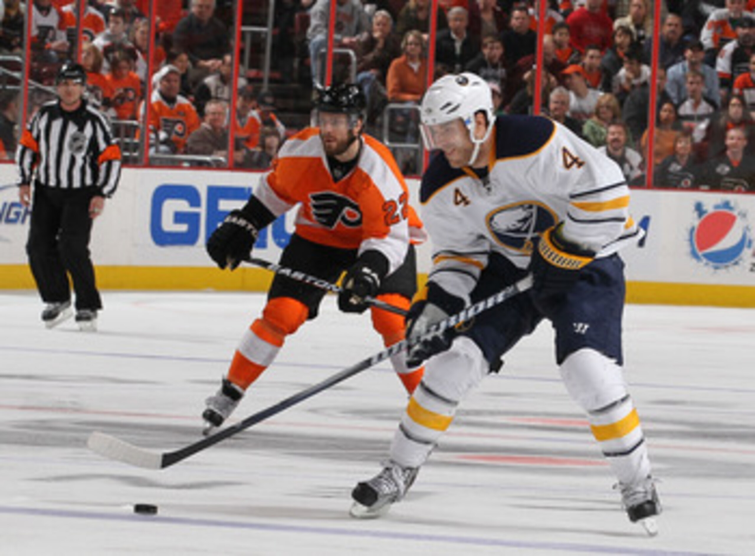 PHILADELPHIA - MARCH 05:  Steve Montador #4  of the Buffalo Sabres in action against The Philadelphia Flyers during their game on March 5, 2011 at The Wells Fargo Center in Philadelphia, Pennsylvania.  (Photo by Al Bello/Getty Images)