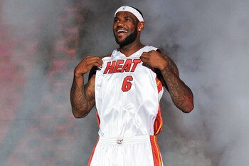 MIAMI - JULY 09:  LeBron James #6 of the Miami Heat is introduced to fans during a welcome party at American Airlines Arena on July 9, 2010 in Miami, Florida.  (Photo by Doug Benc/Getty Images)