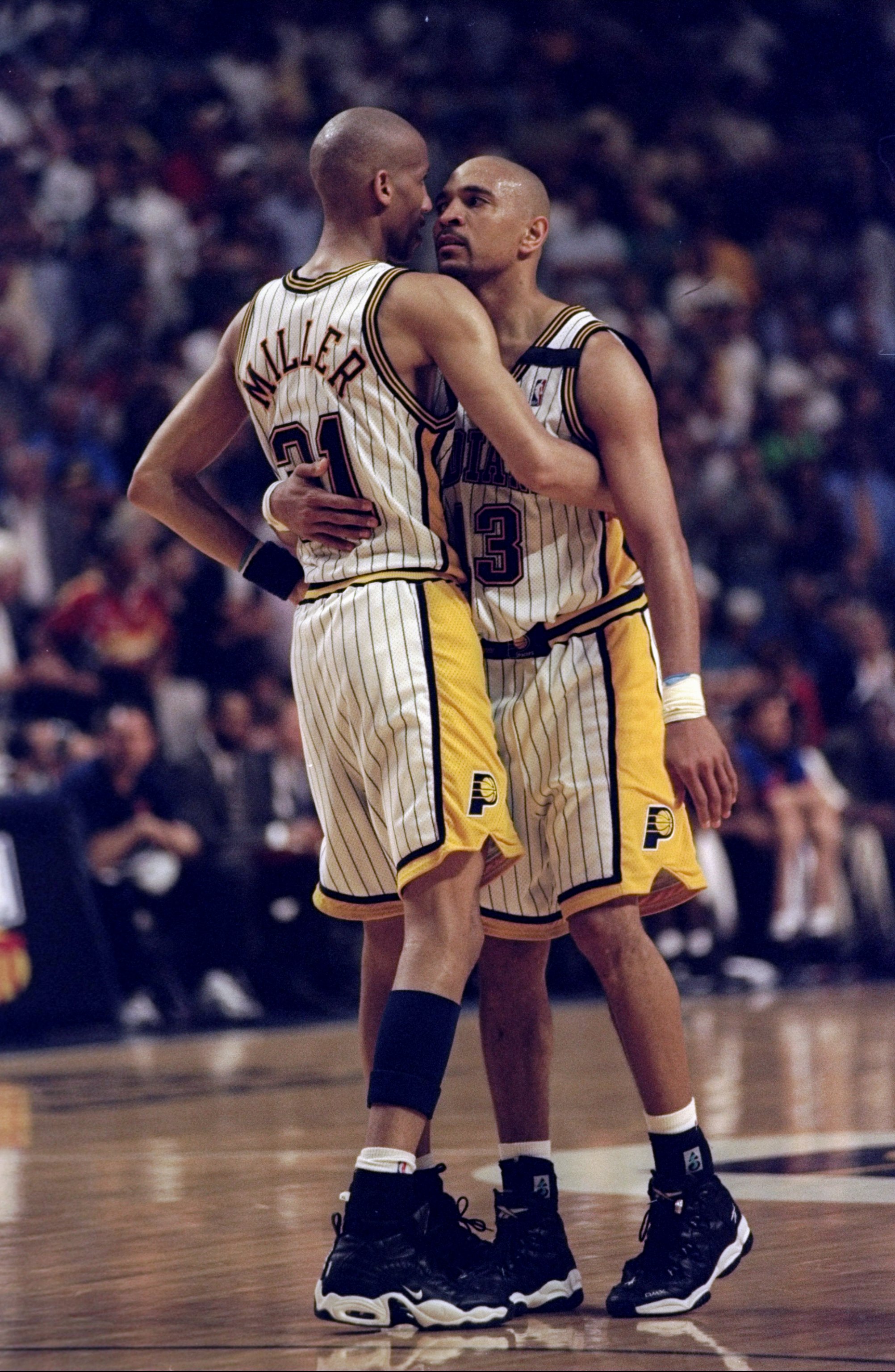 13 May, 1998:  Reggie Miller #31 and Mark Jackson #13 of the Indianapolis Pacers celebrate win against the New York Knicks during the NBA Eastern Conference Finals at the Market Square Arena in Indianapolis, Indiana.  The Pacers defeated the Knicks 99-88.