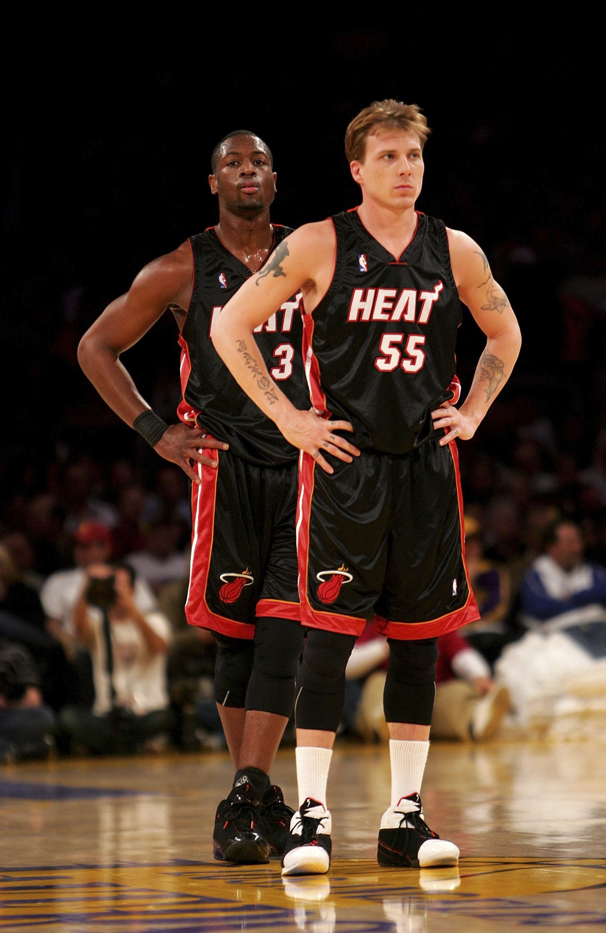 LOS ANGELES - JANUARY 15:  Dwyane Wade #3 and Jason Williams #55 of the Miami Heat stand during the game against the Los Angeles Lakers at Staples Center January 15, 2007 in Los Angeles, California. NOTE TO USER: User expressly acknowledges and agrees tha