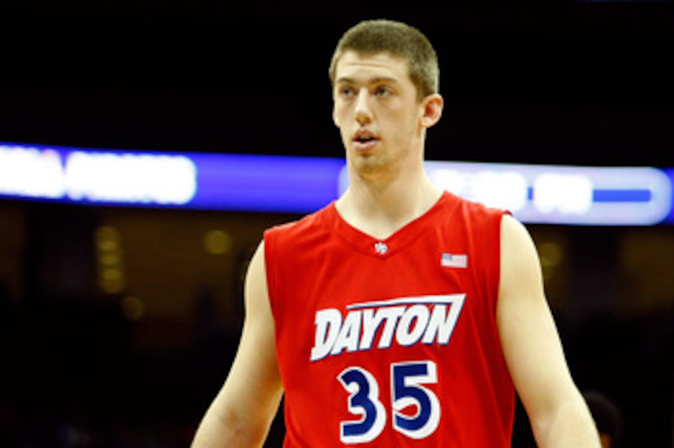 NEWARK, NJ - DECEMBER 22:  Matt Kavanaugh #35 of the Dayton Flyers looks on against the Seton Hall Pirates at Prudential Center on December 22, 2010 in Newark, New Jersey.  (Photo by Chris Chambers/Getty Images)
