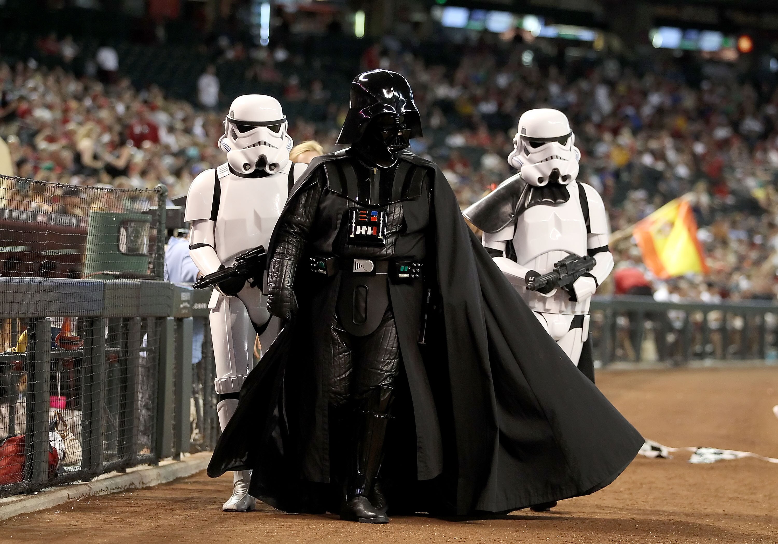 PHOENIX - JULY 10:  PHOENIX - JULY:  Actors portray the 'Darth Vader' for 80's night before the Major League Baseball game between the Florida Marlins and the Arizona Diamondback at Chase Field on July 10, 2010 in Phoenix, Arizona.  (Photo by Christian Pe