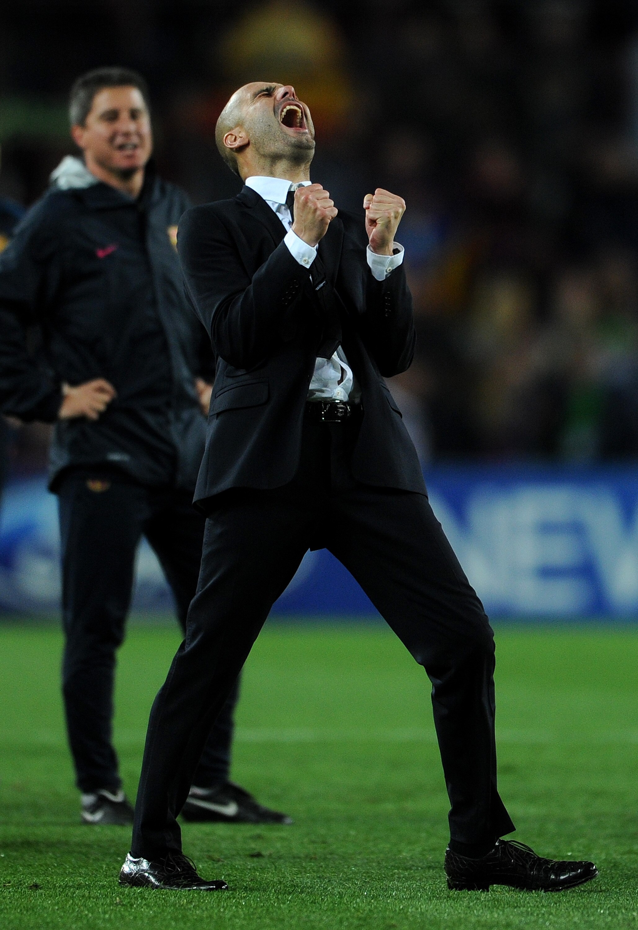 BARCELONA, SPAIN - MAY 03:  Head coach Josep Guardiola of Barcelona celebrates at the end of the UEFA Champions League Semi Final second leg match between Barcelona and Real Madrid at the Camp Nou stadium on May 3, 2011 in Barcelona, Spain.  (Photo by Jas
