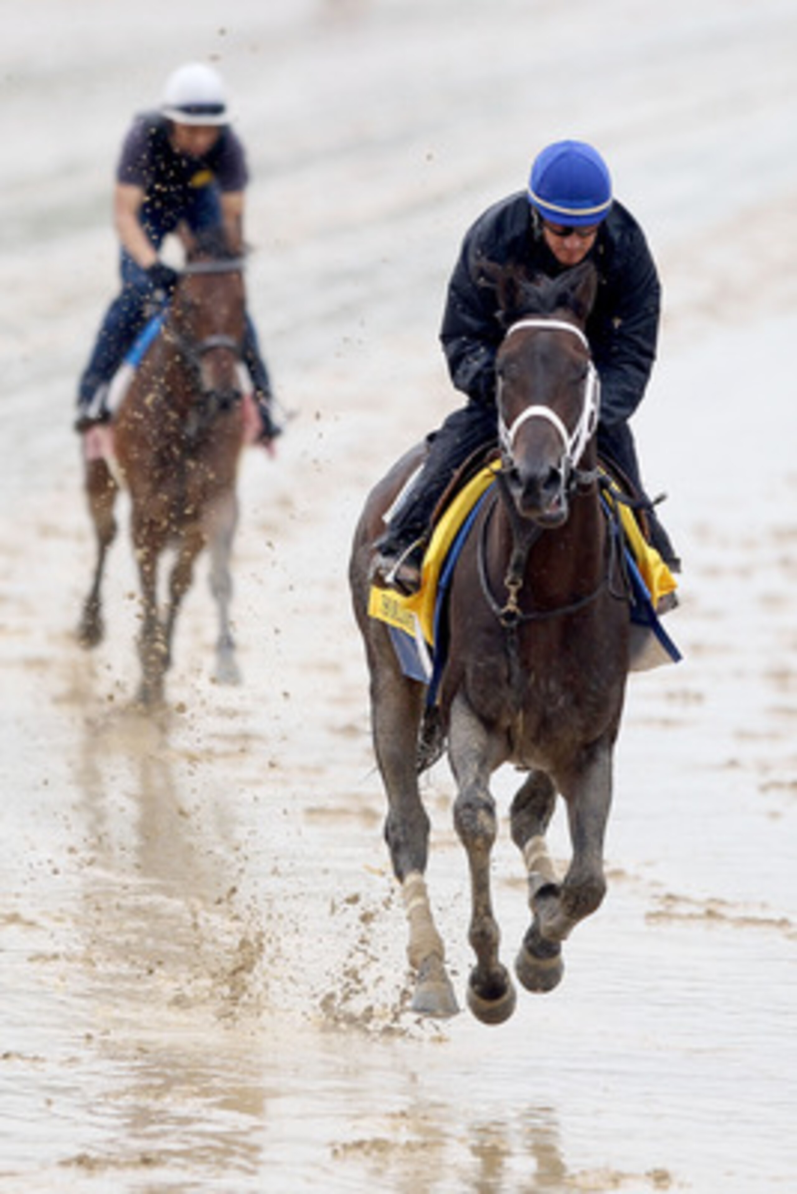 LOUISVILLE, KY - MAY 02:  Soldat (R) runs during the morning exercise session in preparation for the 137th Kentucky Derby at Churchill Downs on May 2, 2011 in Louisville, Kentucky.  (Photo by Matthew Stockman/Getty Images)