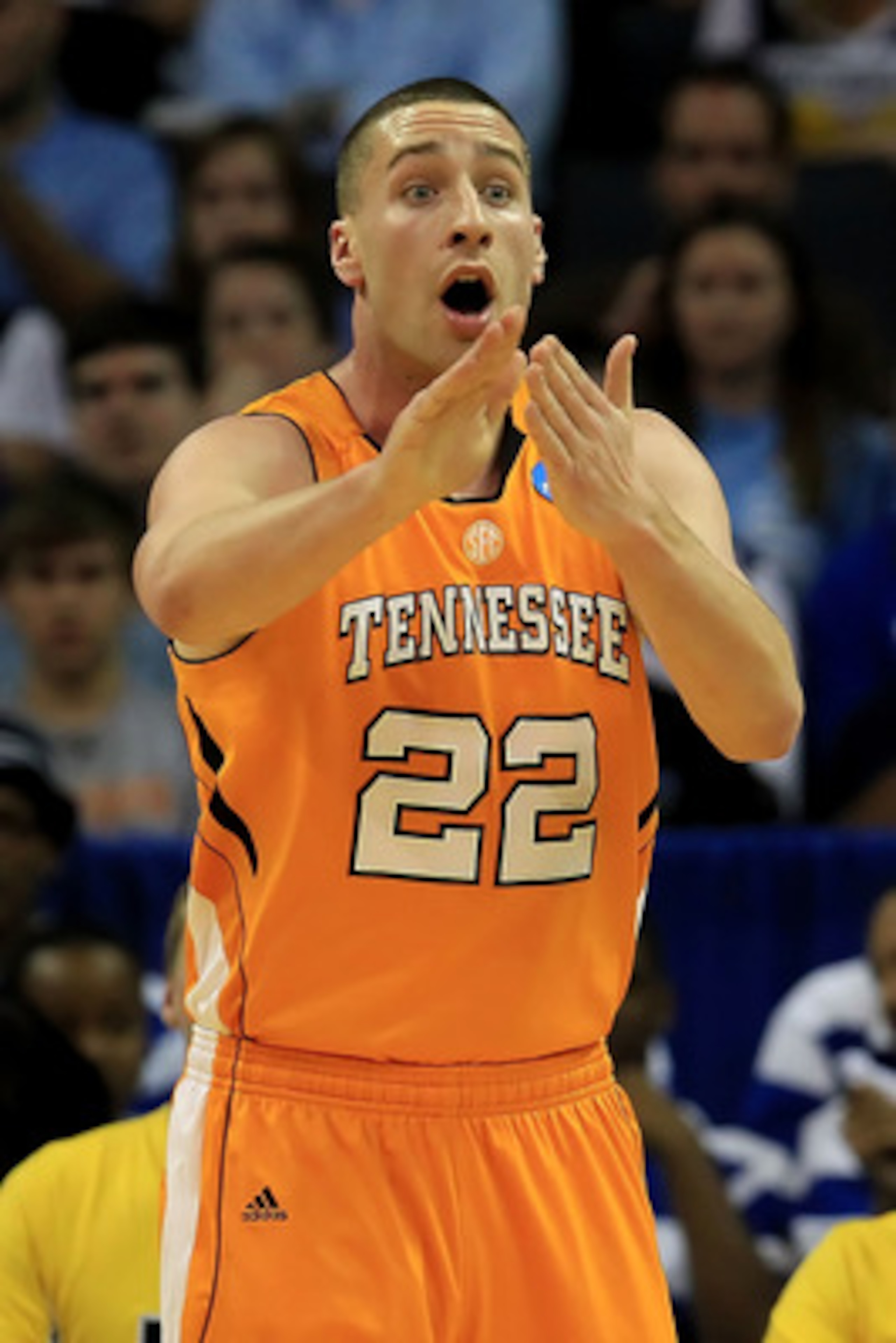 CHARLOTTE, NC - MARCH 18:  Steven Pearl #22 of the Tennessee Volunteers reacts in the second half while taking on the Michigan Wolverines during the second round of the 2011 NCAA men's basketball tournament at Time Warner Cable Arena on March 18, 2011 in 
