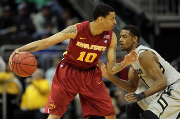 KANSAS CITY, MO - MARCH 09:  Diante Garrett #10 of the Iowa State Cyclones looks to move the ball against the Colorado Buffaloes during the first round of the 2011 Phillips 66 Big 12 Men's Basketball Tournament at Sprint Center on March 9, 2011 in Kansas 